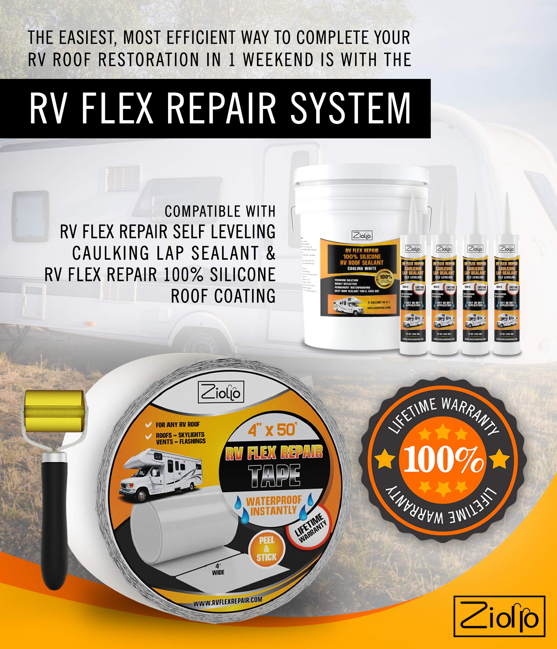 Flex Repair Self-Leveling Caulking Lap Sealant & Seam Tape Kit - White (4-10 oz Tubes + 4