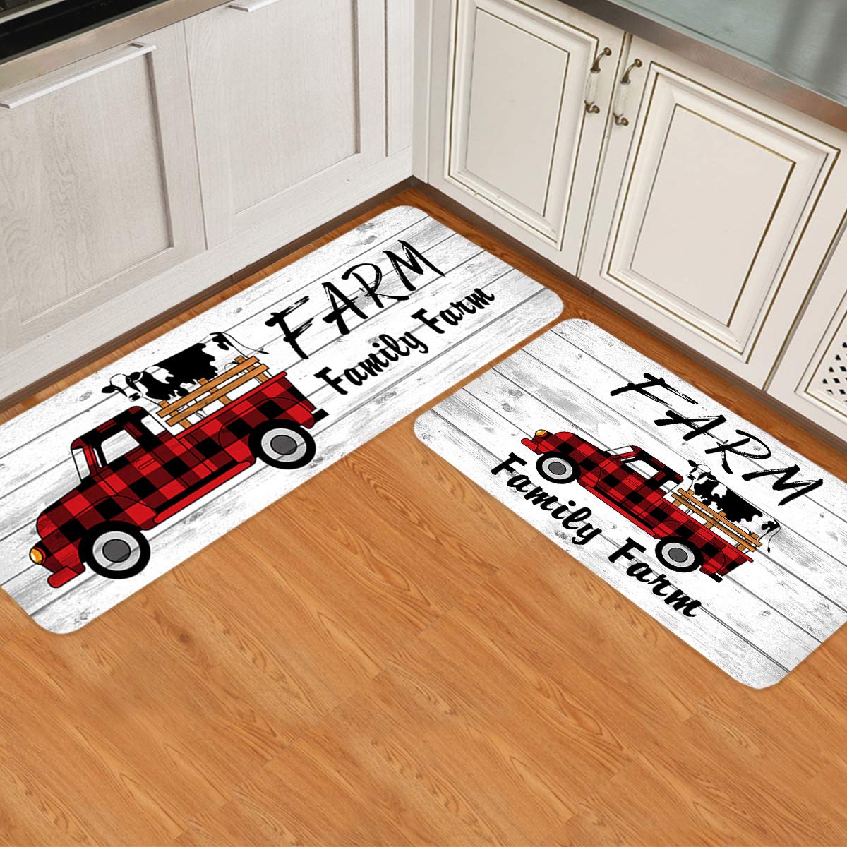 Farmhouse Kitchen Mats Set of 2 - Anti-Fatigue Cushioned Non-Slip Waterproof Floor Mats for Standing Comfort - Rustic Wood Plank Design with Cattle Truck Pattern - Perfect for Farmhouse Kitchens, Restaurants & Food Prep Areas