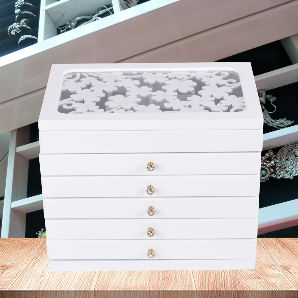 6-Layer Wooden Jewelry Storage Organizer with 5 Drawers - Large Jewelry Box for Women (White) | Perfect for Necklace, Ring & Earring Organization at Home, Travel & Gift Giving