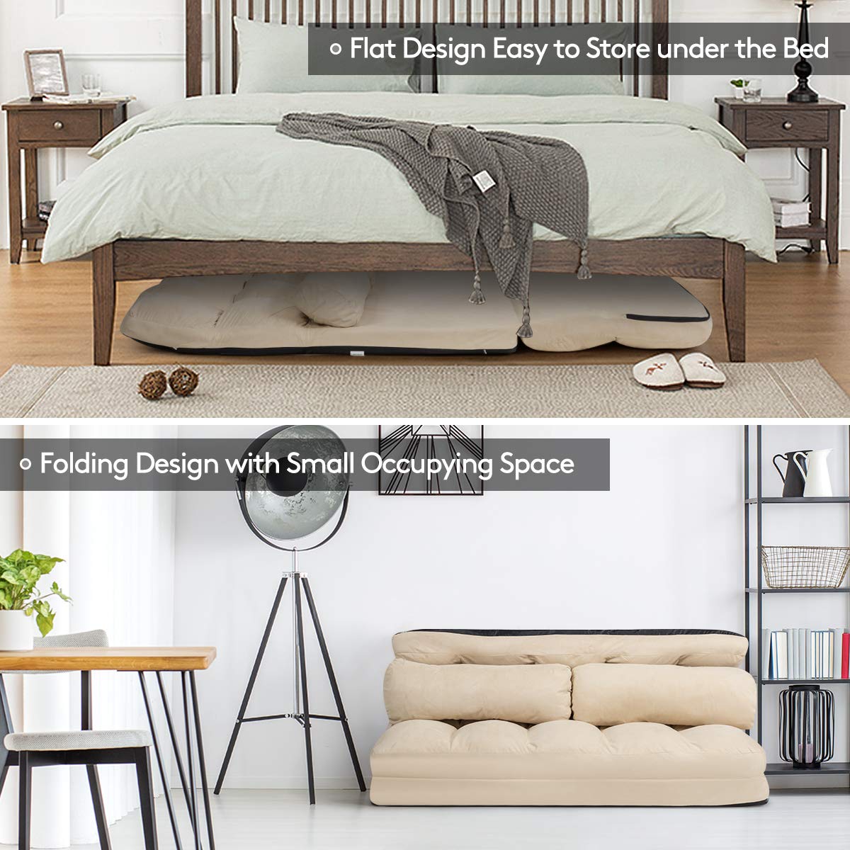 S AFSTAR 6-Position Adjustable Folding Sofa Bed with 2 Pillows - Convertible Futon Couch for Living Room, Bedroom & Small Spaces - Comfortable Sponge Filling Sleeper Sofa (Beige) | Perfect for Apartments, Guest Rooms & Home Offices