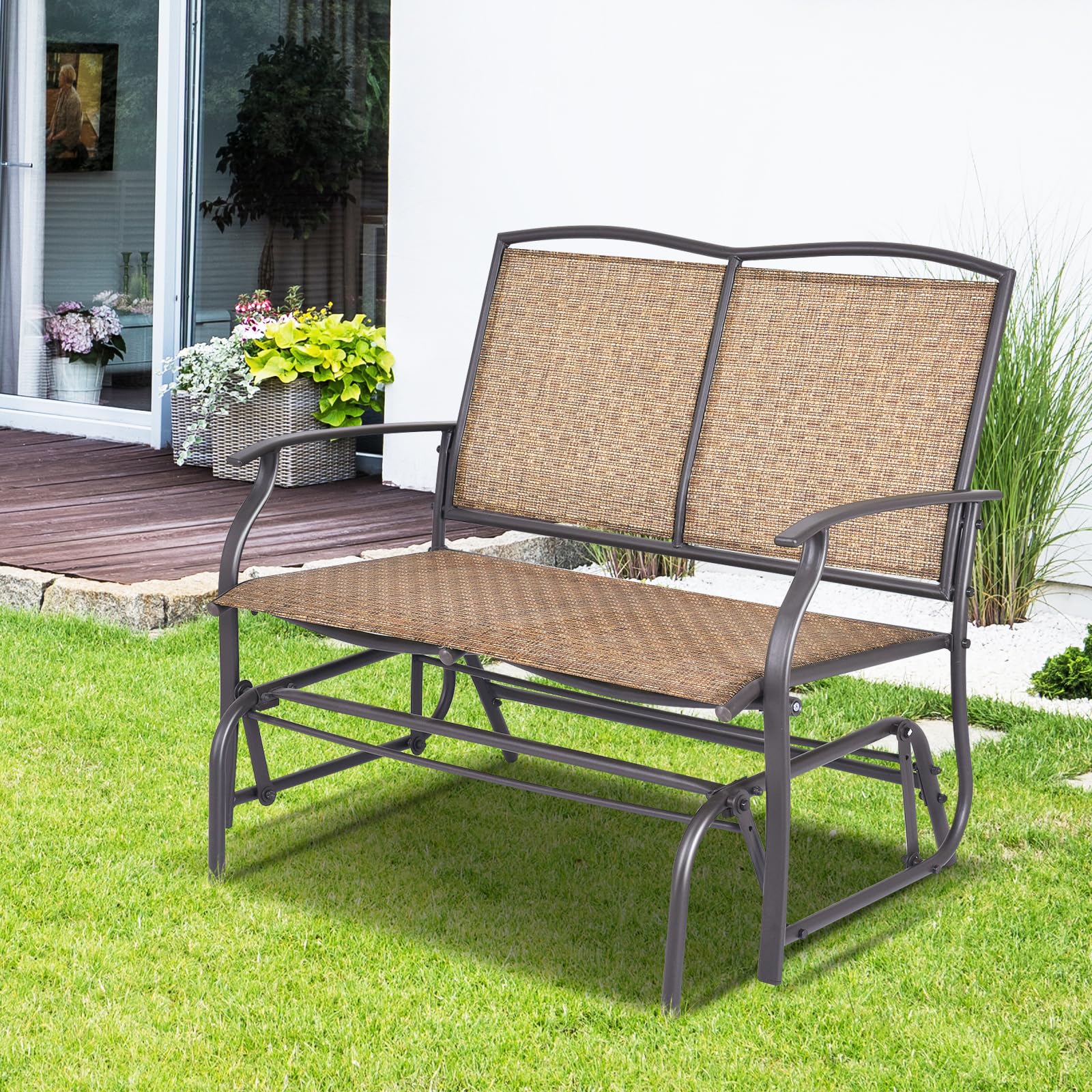 Giantex 2-Person Outdoor Patio Glider Bench - 400 lbs Capacity Steel Frame Swing Chair with Ergonomic Back Support & Premium Fabric - Brown Natural Style Loveseat for Garden, Porch, Deck & Backyard Relaxation