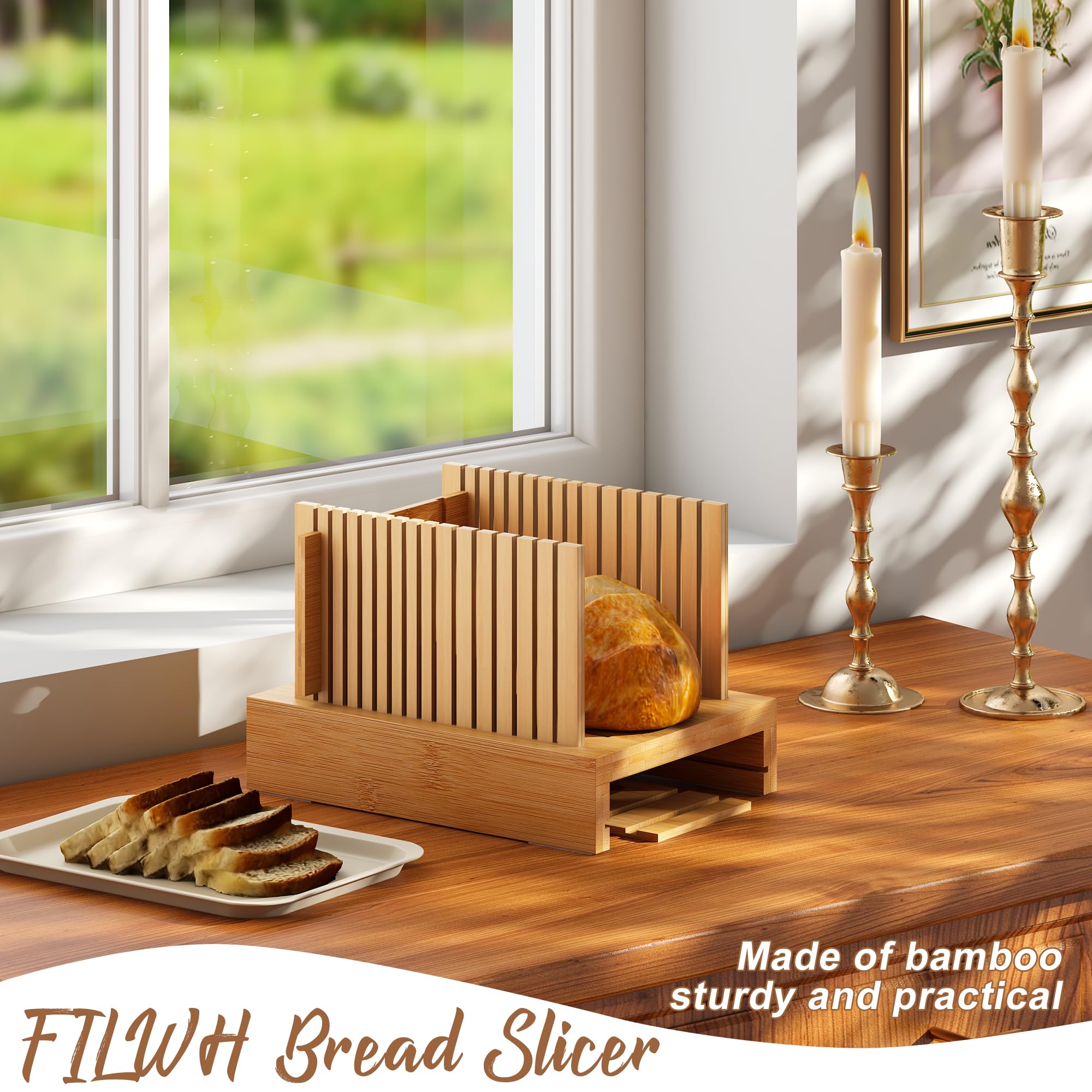 FILWH Adjustable Bamboo Bread Slicer with Crumb Tray - Foldable Wooden Bread Cutting Board for Homemade Loaves, Cakes & Pastries - Perfect for Kitchen, Baking & Meal Prep
