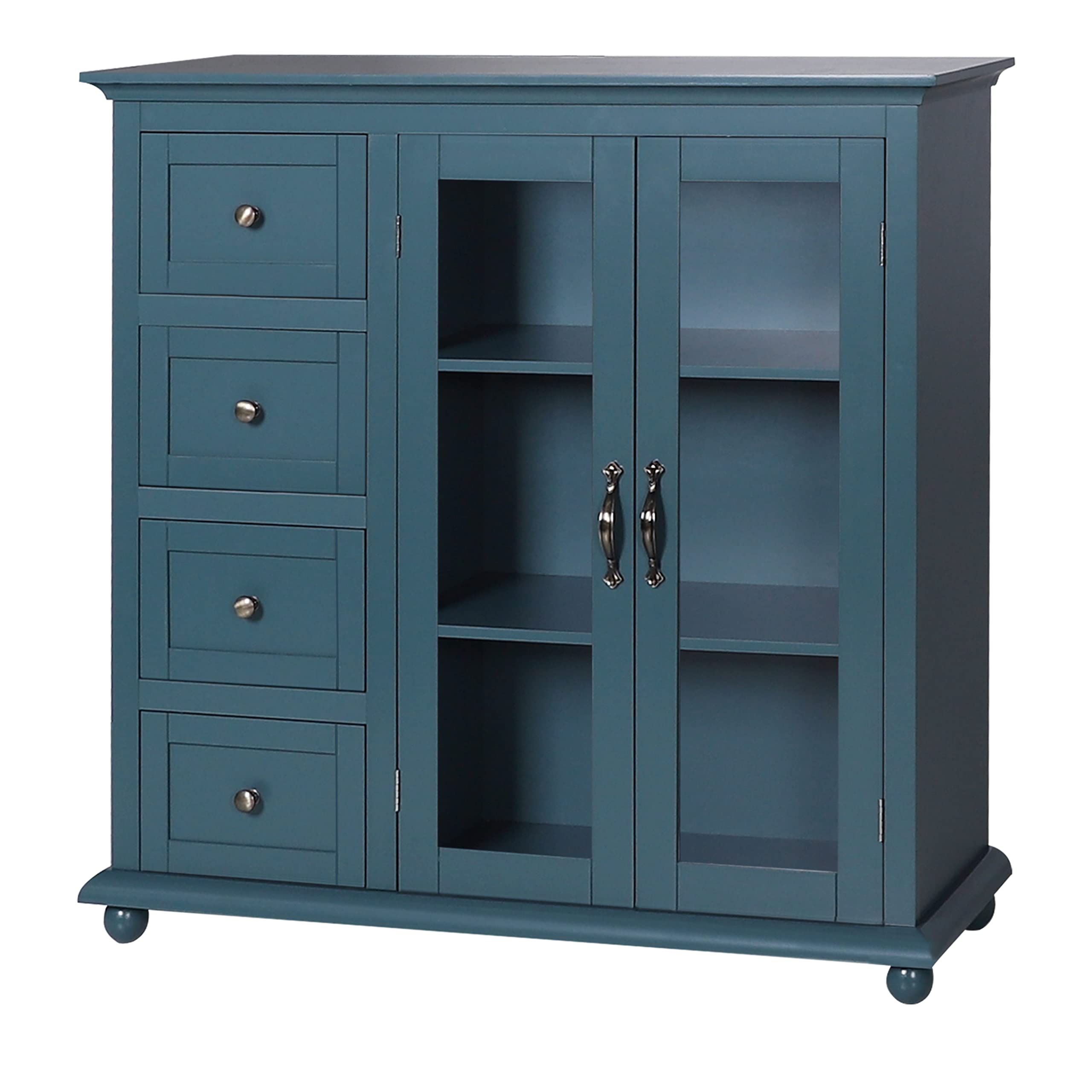 VEIKOUS Buffet Sideboard Storage Cabinet with Glass Doors & 4 Drawers - Freestanding Kitchen Cupboard for Dining Room, Living Room & Entryway - Dark Teak Finish Modern Console Table for Home Organization & Display