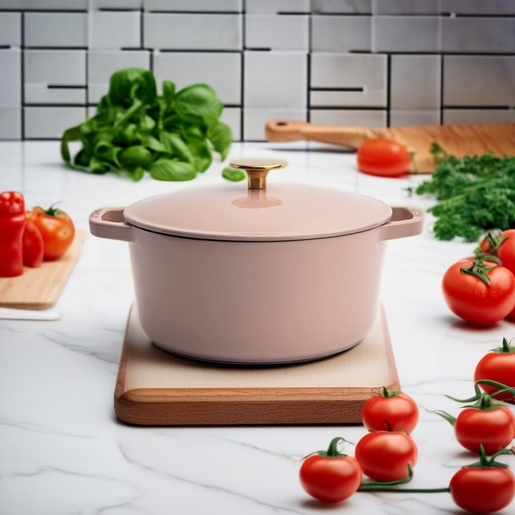 Premium 3.5-Quart Enameled Cast Iron Dutch Oven with Lid - Dusty Pink with Gold Knob | Oven & Dishwasher Safe Casserole Pot | Even Heat Distribution for Braising, Stewing & Baking | Perfect for Soups, Bread & Family Dinners