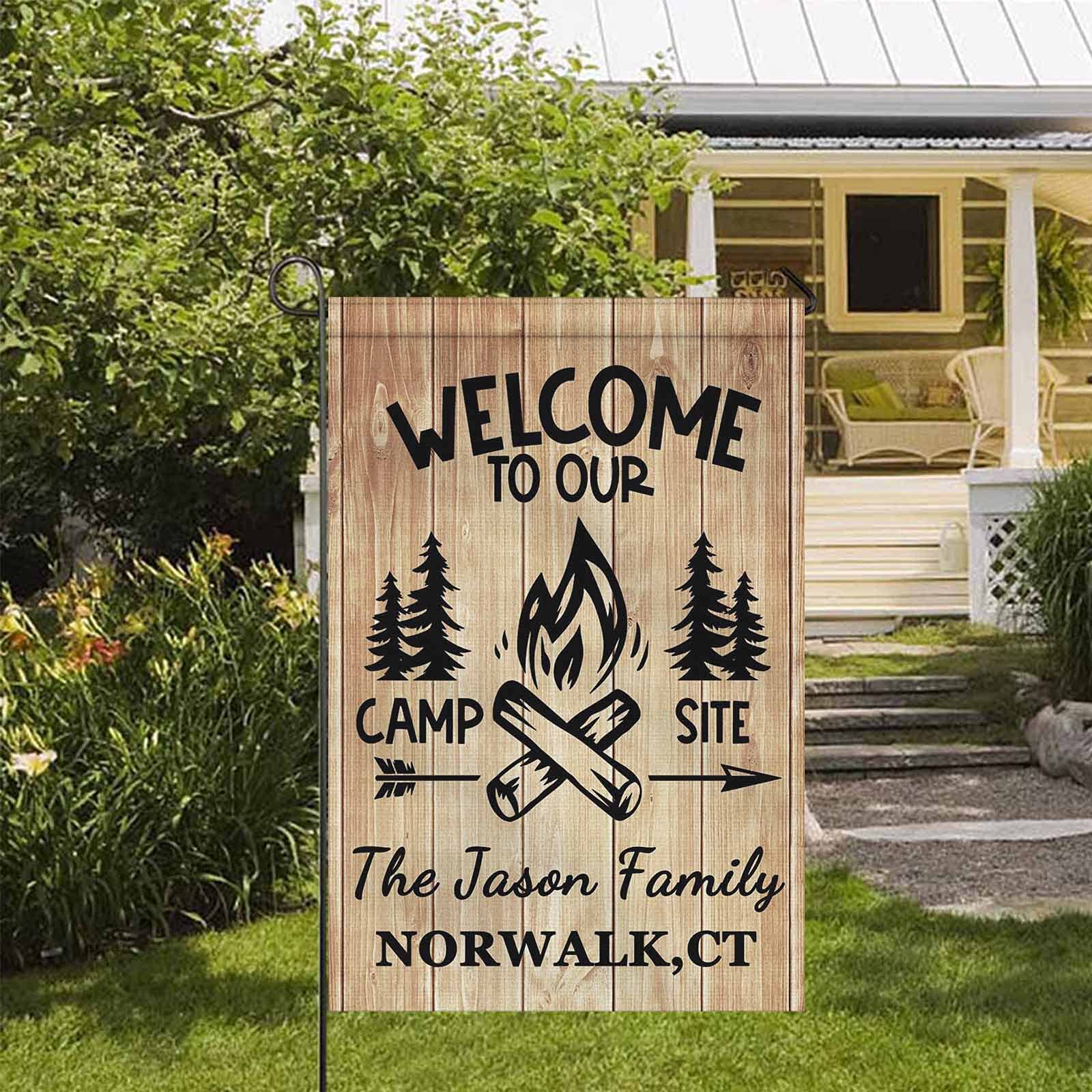 Custom Personalized Camping Camper Garden Flag - Double Sided 12x18 Inch Wood Welcome Yard Banner for Outdoor Decor | Perfect for RV Sites, Backyard Decorations & Seasonal Home Displays
