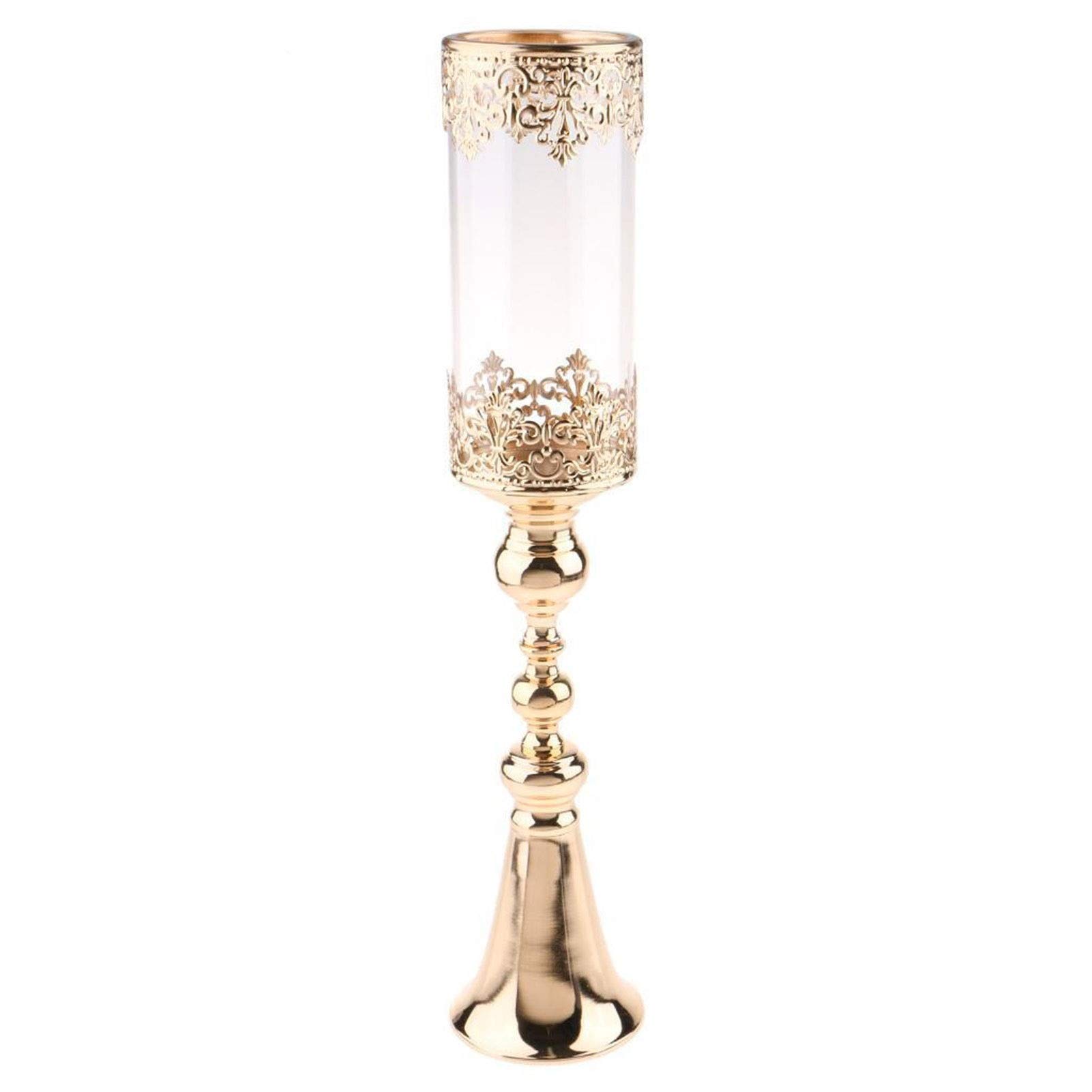 Antique Gold Metal Pedestal Candle Holder with Glass Flower Vase - Crystal Draped Pillar Stand for Home Decor, Wedding Centerpiece, and Romantic Dinner Accent (Color: Large)