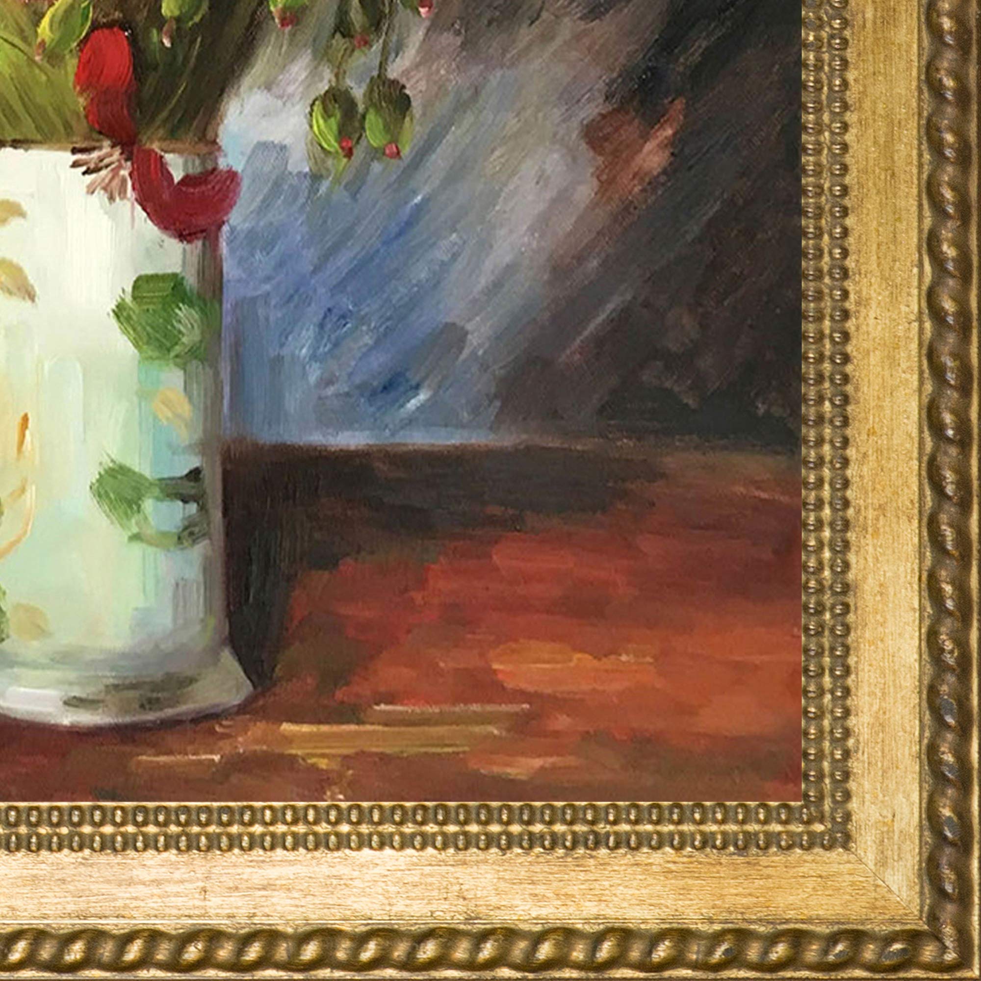 OverstockArt Hand-Painted Red Poppies Vase Oil Painting Reproduction - Van Gogh Inspired Floral Artwork with Verona Gold Braid Frame (28.75