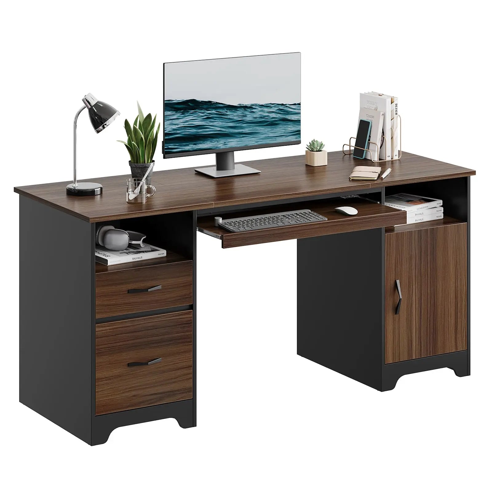 Bestier 59 Inch Executive Office Desk with Storage Drawers - Modern L-Shaped Computer Desk for Home Office & Workspace (Espresso)