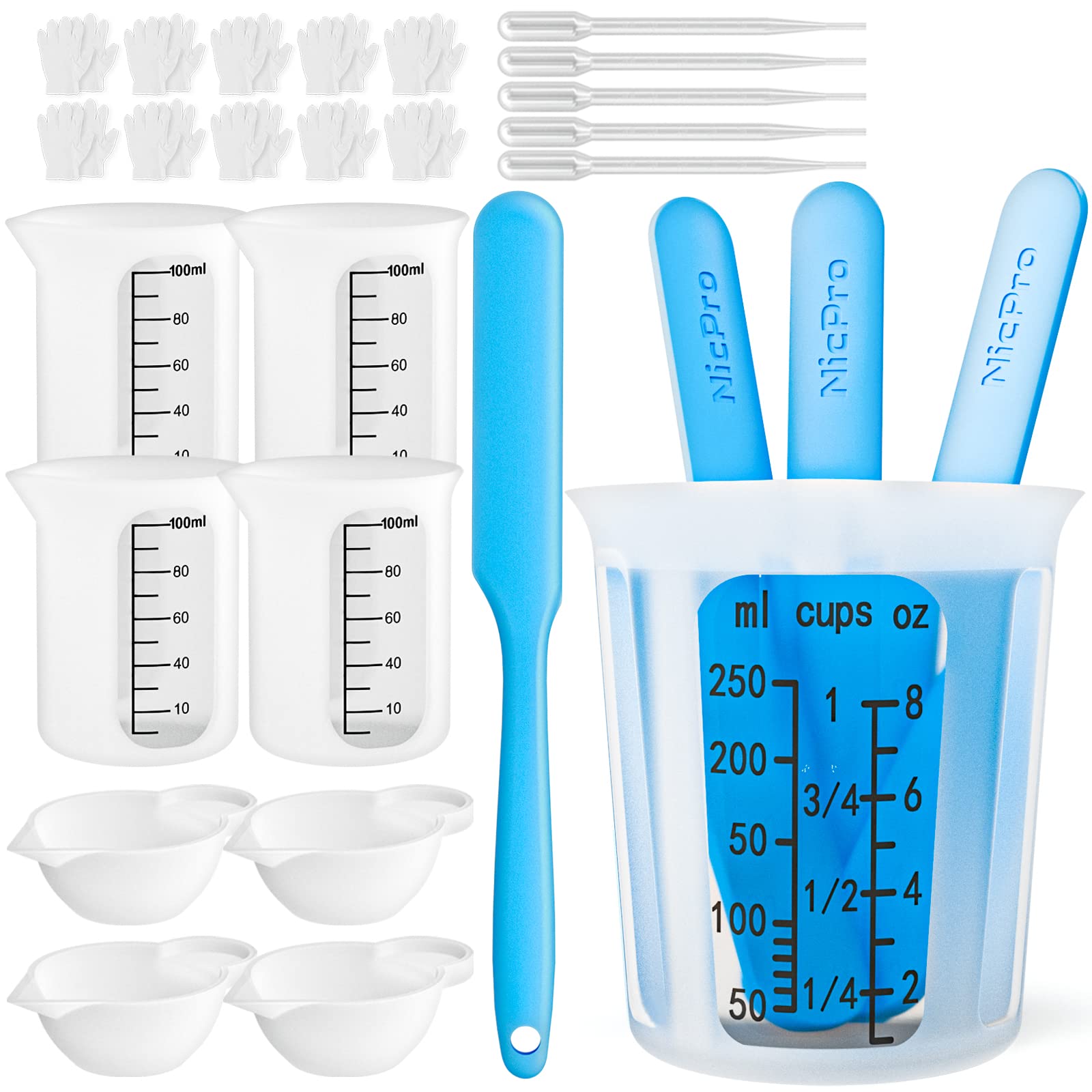 Nicpro 250ml & 100ml Silicone Resin Measuring Cups Kit with Stir Sticks, Spatula, Pipettes & Gloves - Perfect for Epoxy Resin Mixing, Jewelry Making, Waxing & DIY Crafts - Easy to Clean & Reusable for Home, Studio & Workshop Projects