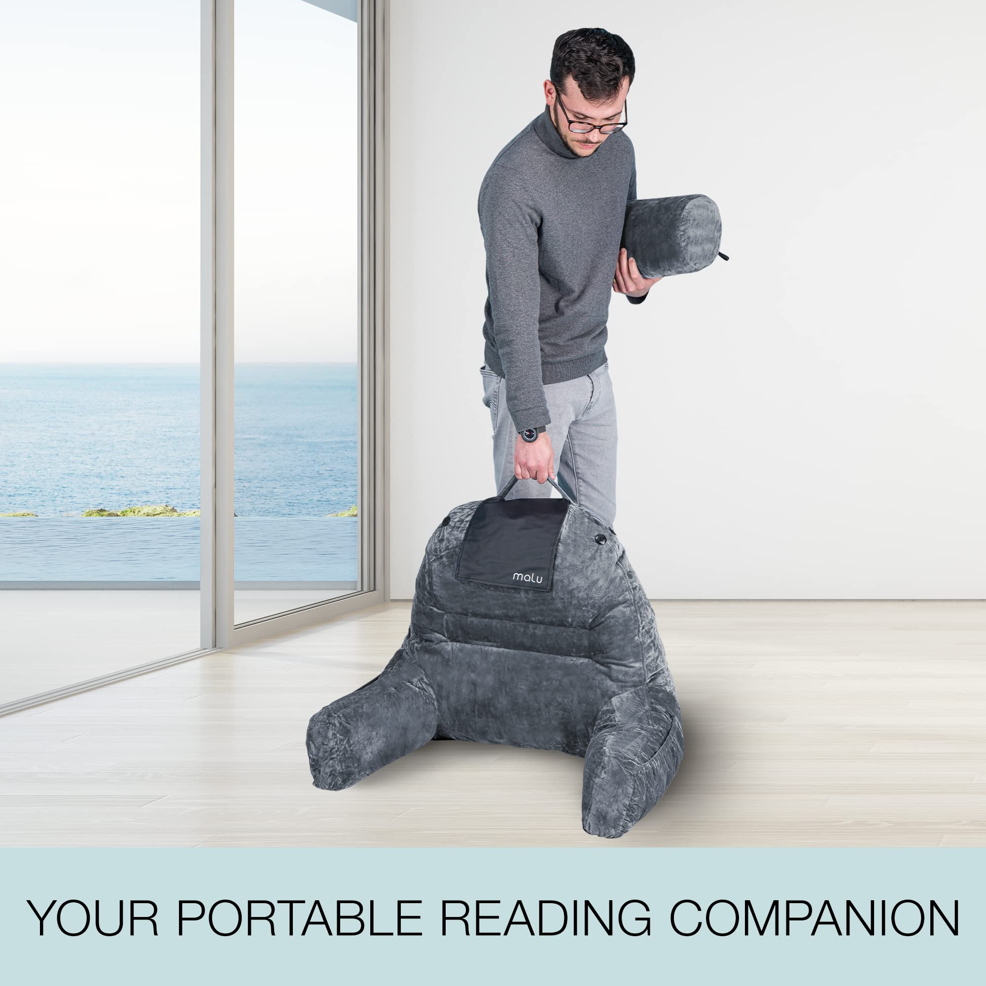 Extra Large Reading Pillow with Shredded Memory Foam - Ergonomic Back Support Pillow for Bed, Couch & Floor - Includes Neck Roll Mat - Perfect for Reading, Gaming, Watching TV & Relaxing at Home