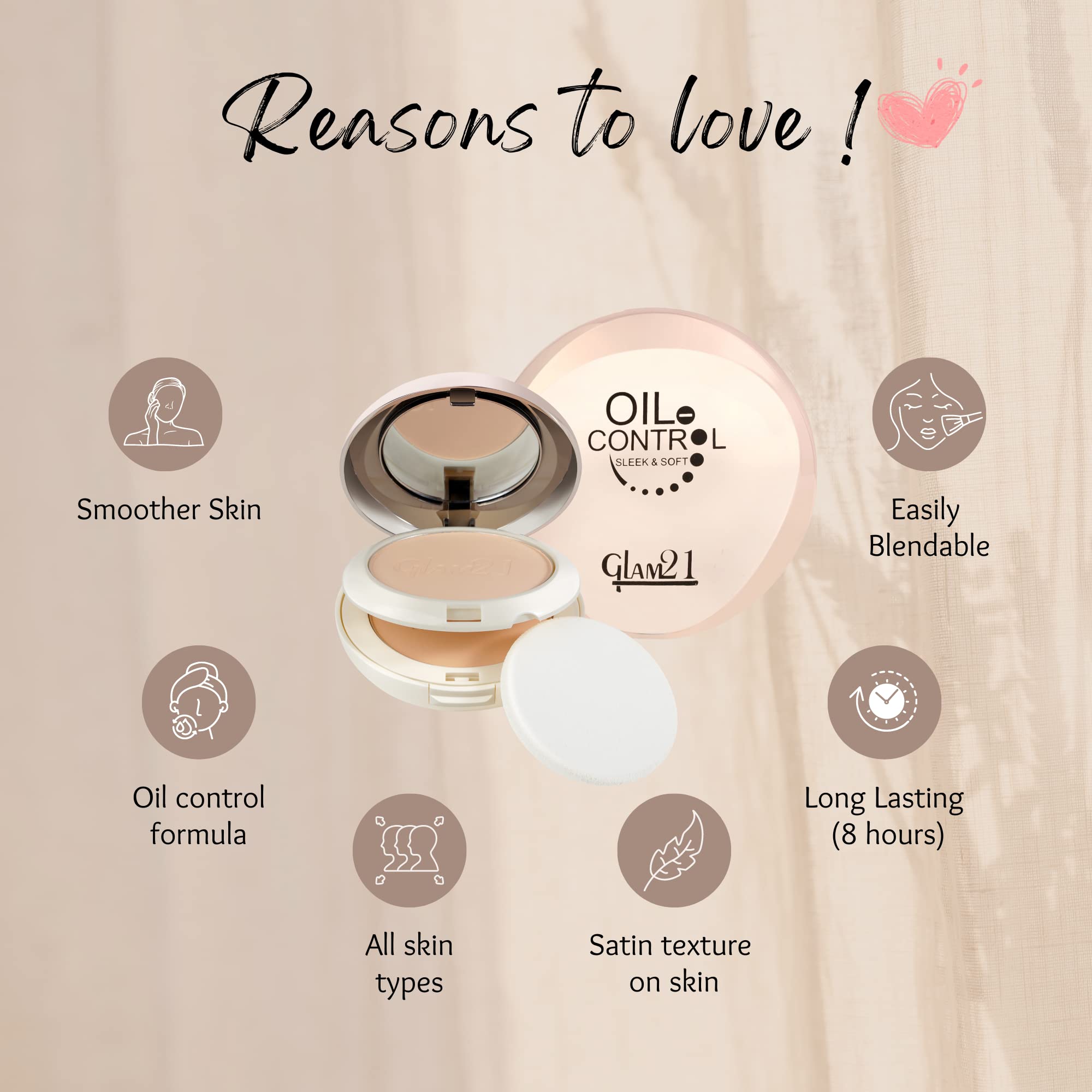 Glam21 Oil Control 2-in-1 Compact Powder 20g | Matte Finish & Long Lasting Makeup | Sweat & Waterproof with Vitamin E & C | Vanilla Scent | Perfect for Oily Skin & Summer Makeup | Daily Use & Touch-ups