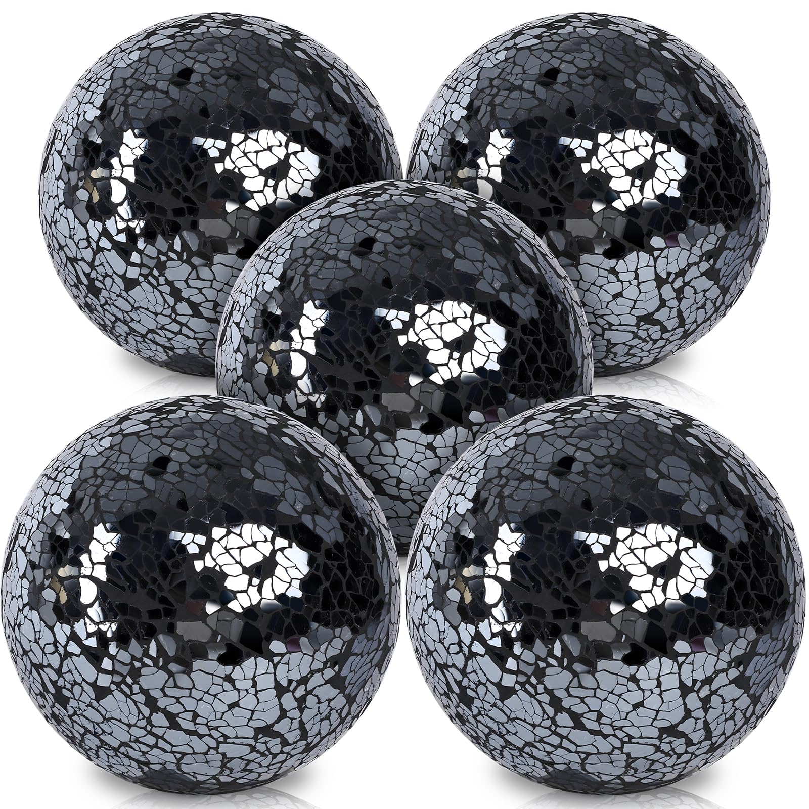 FUTUREPLUSX 5PCS 3.2 Inch Black Mosaic Glass Decorative Balls - Elegant Centerpiece Orbs for Bowls, Vases, Tables, Wedding & Party Decorations - Perfect for Home, Office, and Event Decor
