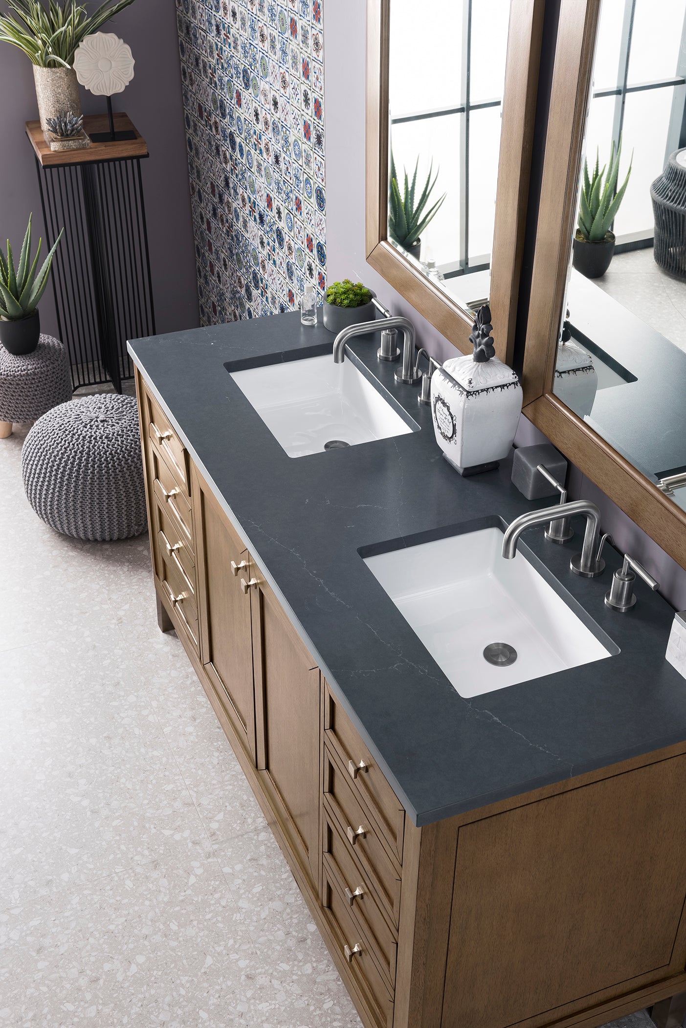 Chicago 60-Inch Double Vanity with Whitewashed Walnut Base & 3CM Charcoal Soapstone Quartz Countertop - Perfect for Modern Bathroom Renovation & Luxury Home Upgrade