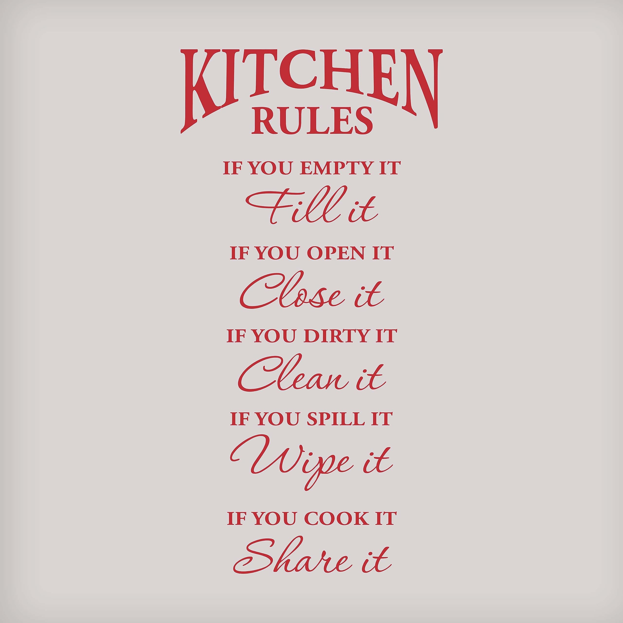 Kitchen Rules Wall Decal Sticker - Funny Vinyl Wall Art for Home Decor - Motivational Kitchen Quotes - Perfect for Dining Room & Farmhouse Style (Red)