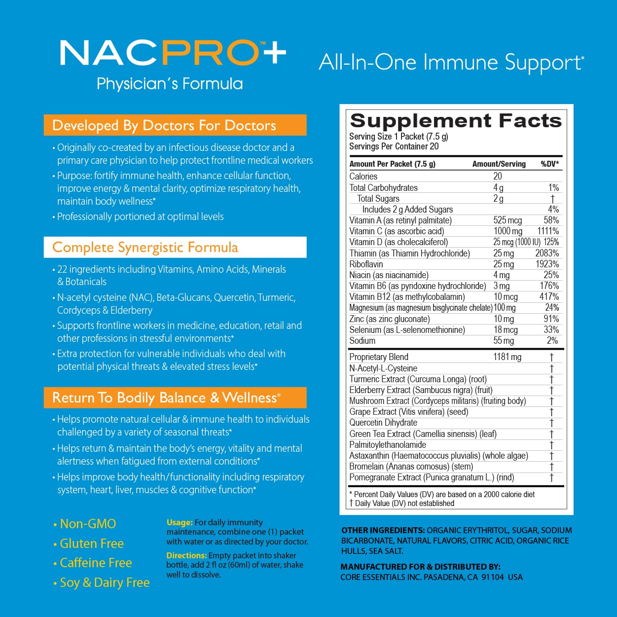 NACPRO+ 22-in-1 Immune Support Powder with NAC, Quercetin, Cordyceps, B-Vitamins, D3, Turmeric & Astaxanthin – Boosts Energy, Focus & Performance – Core Essentials Supplement – 20 Packets – Ideal for Travel, Workout Recovery & Daily Wellness