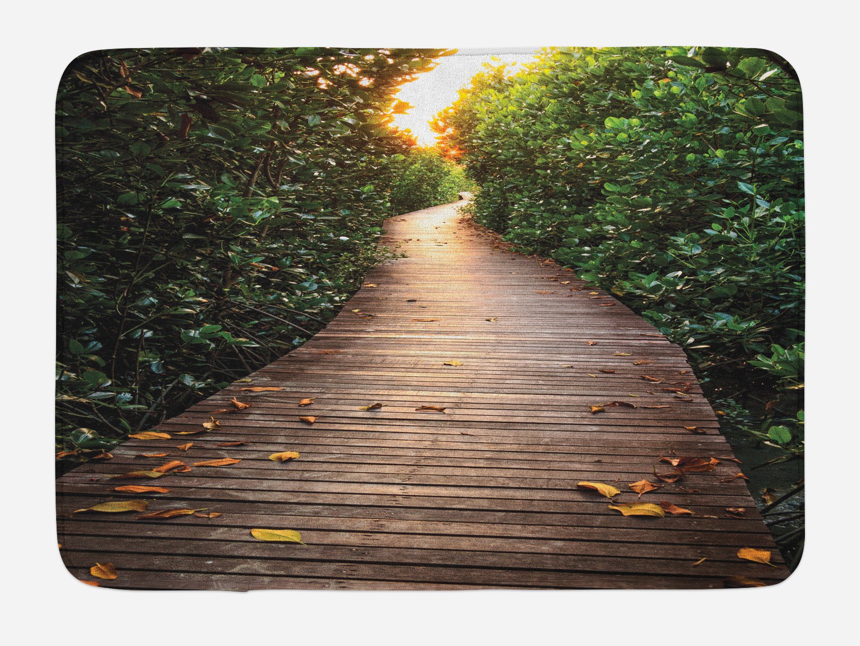 Ambesonne Non-Slip Plush Bath Mat - Tropical Jungle Mangrove Forest Sunset Design, 30.2 x 20 Inches, Brown Green Yellow - Soft Bathroom Rug for Floor Decor, Perfect for Bathrooms, Showers & Spa Areas