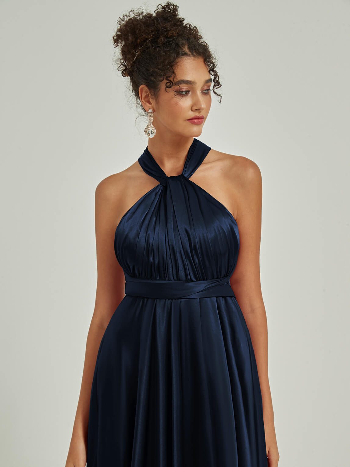 Elegant Dark Navy Satin Convertible Bridesmaid Dress - Multi-Way Wrap A-Line Gown for Weddings, Parties & Formal Events