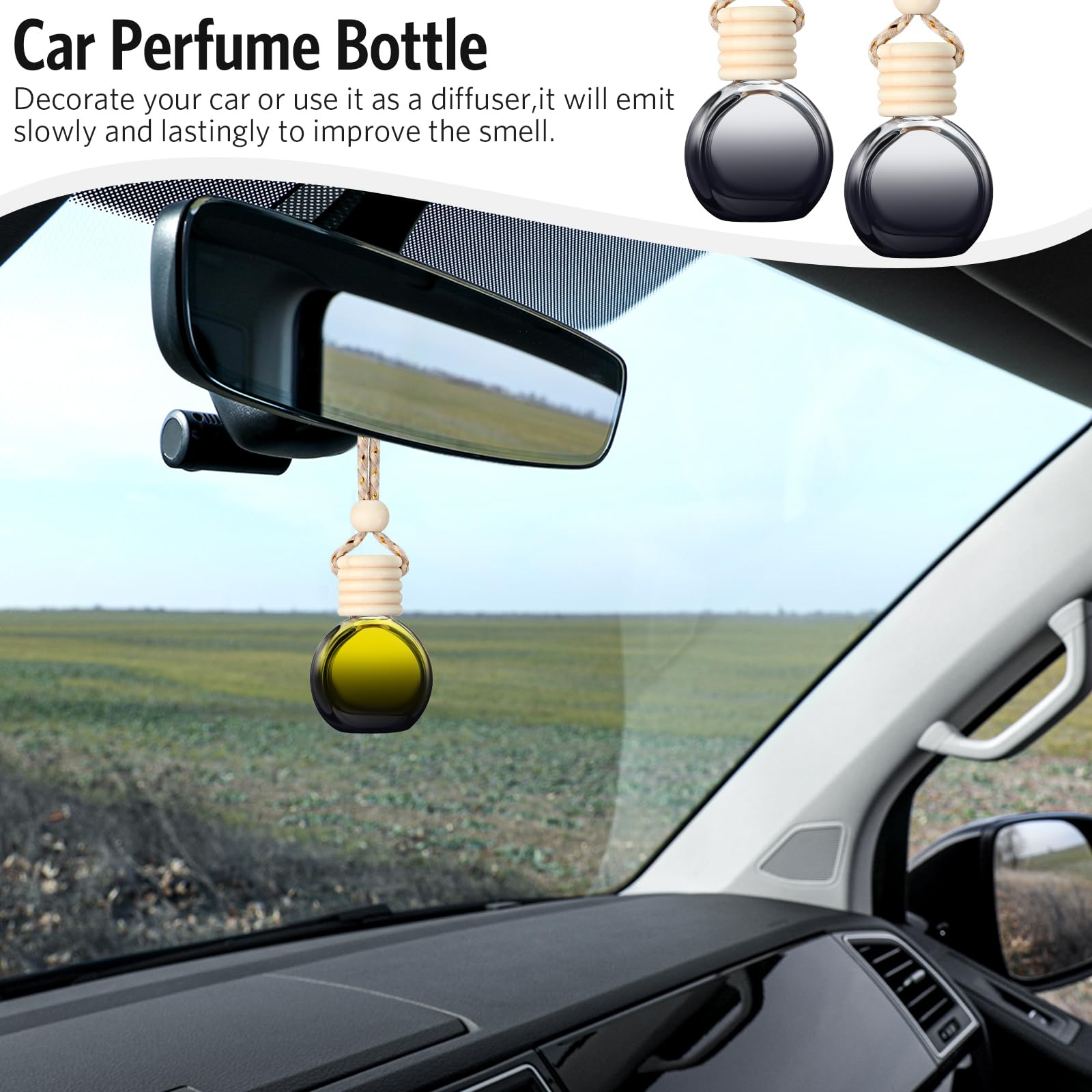 BBTO 100 Pcs Empty Car Air Fresheners with Wooden Cap - Clear Aromatherapy Diffuser Hanging Pendant for Car Fragrance - Perfect for Vehicle Decor & Essential Oil Use (Black Round)
