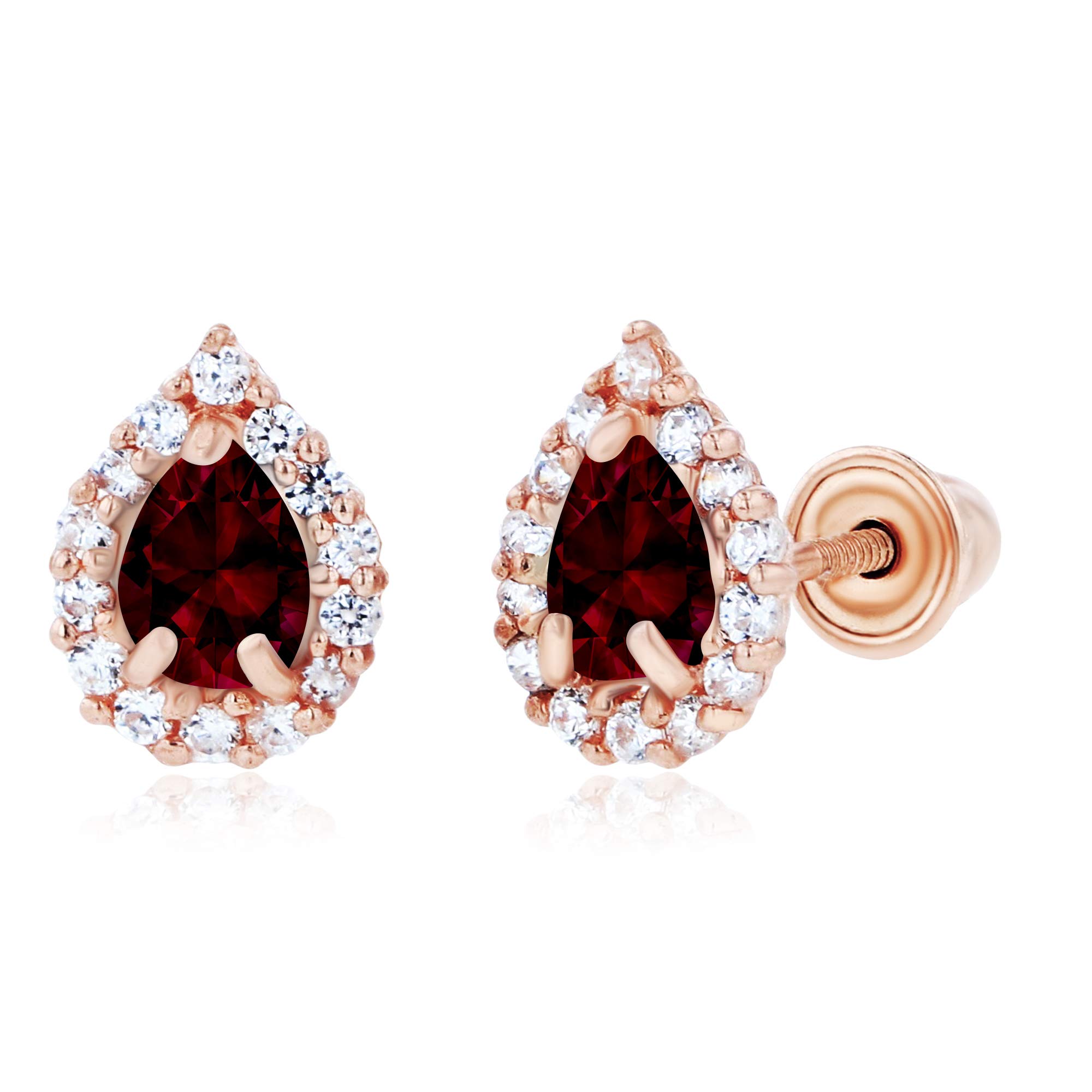 14K Solid Gold Pear Shaped Natural Birthstone Stud Earrings for Women | 7x5mm & 4x3mm Pear Cut Screwback Earrings | 1mm White Sapphire Halo Earrings | Perfect for Birthdays, Anniversaries & Special Occasions