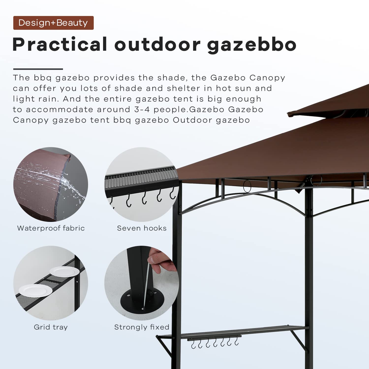 8'x5' Double Tiered Canopy Tent with Glass Shelves & Hooks - Outdoor Party Tent, BBQ Grill Gazebo & Sun Shade for Patio, Backyard, Camping & Beach (Brown)
