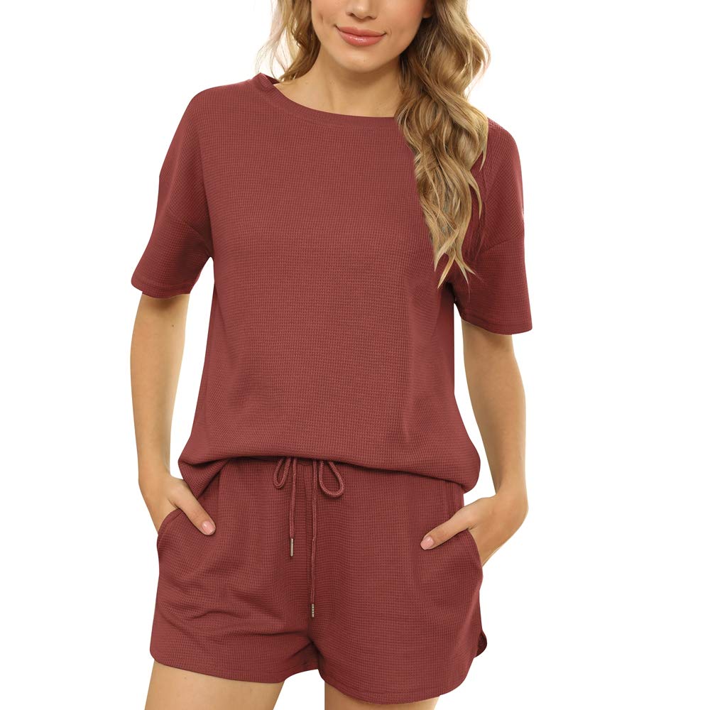 Tongzone Women's Waffle Knit Pajama Set - Short Sleeve Top & Shorts with Pockets - Soft Athletic Loungewear for Sleep, Yoga & Home Relaxation