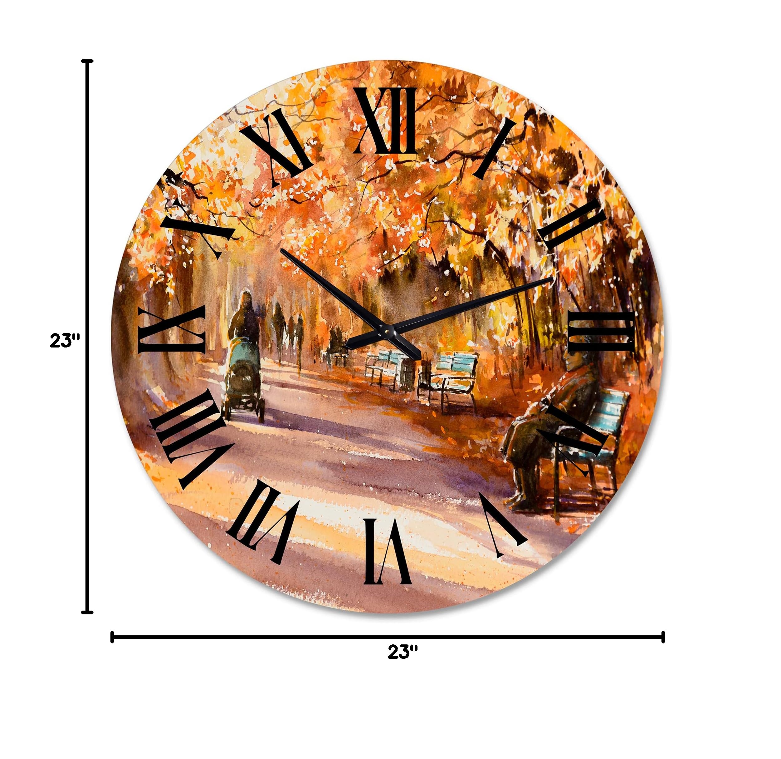 Large Country Wall Clock 'Road in The Park in Sunny Autumn Day' - Landscape & Nature Decor for Kitchen, Living Room, Bedroom - Perfect Rustic Home Décor Gift