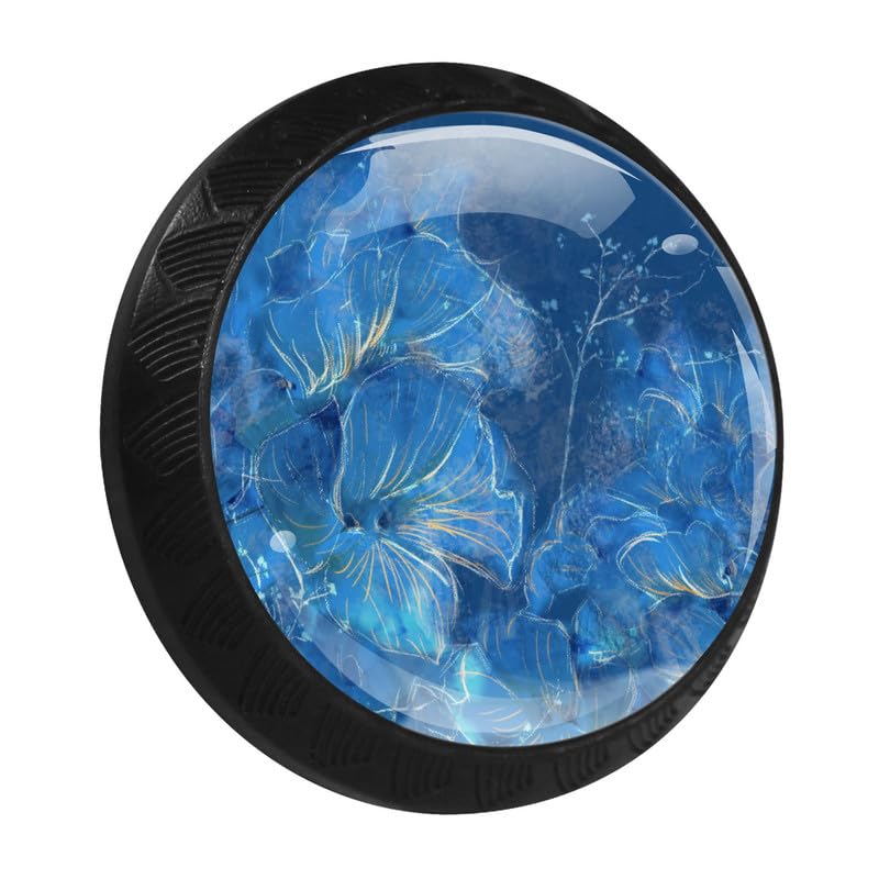 LORVIES Floral Cabinet Knobs 4-Pack - Blue Abstract Flower Design for Dresser, Drawer & Door