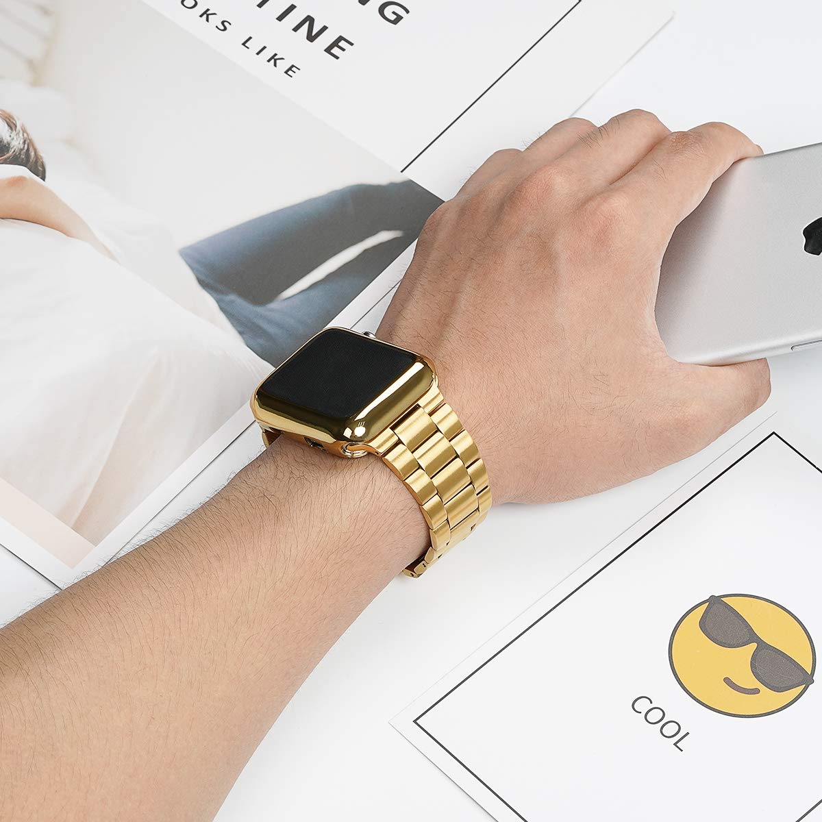 iiteeology Compatible with Apple Watch Bands 44mm for Series 6/5/4/SE - Premium Stainless Steel Strap with Screen Protector Case (Gold) - Fashionable Smartwatch Accessory for Men & Women - Perfect for Workouts, Office & Everyday Wear