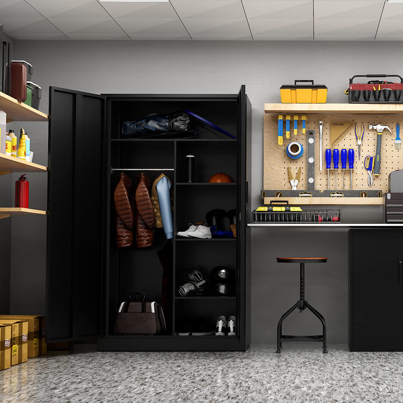 MIIIKO Heavy Duty Steel Cabinet Wardrobe - Metal Locker with Hanging Rod for Clothes Storage | Perfect for Home Organization, Office Supplies, Garage Storage & Changing Room | Durable Metal Closet for Clothes, Shoes & Accessories