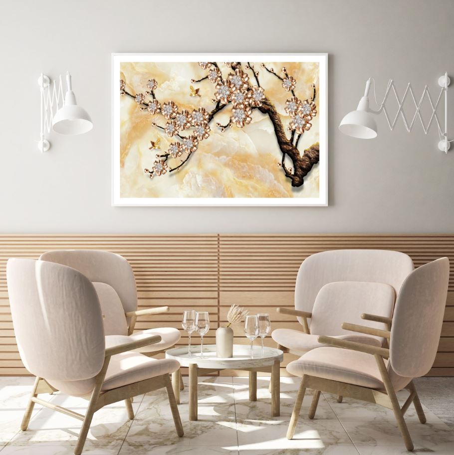 Premium 3D Gold Flower Tree Wall Art Poster - High Quality Home Decor Print - Choose Your Size - Perfect for Living Room, Bedroom & Office Decor