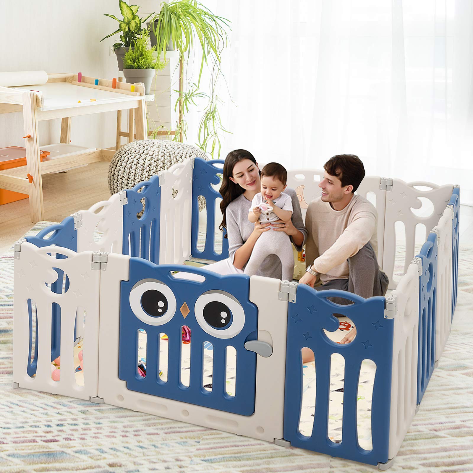 Costzon 14-Panel Foldable Baby Playpen with Locking Door - Non-Slip Rubber Bases & Cushioned Pads for Safety - Indoor/Outdoor Adjustable Play Yard for Toddlers (Blue) - Perfect for Home, Backyard, Daycare & Travel Use