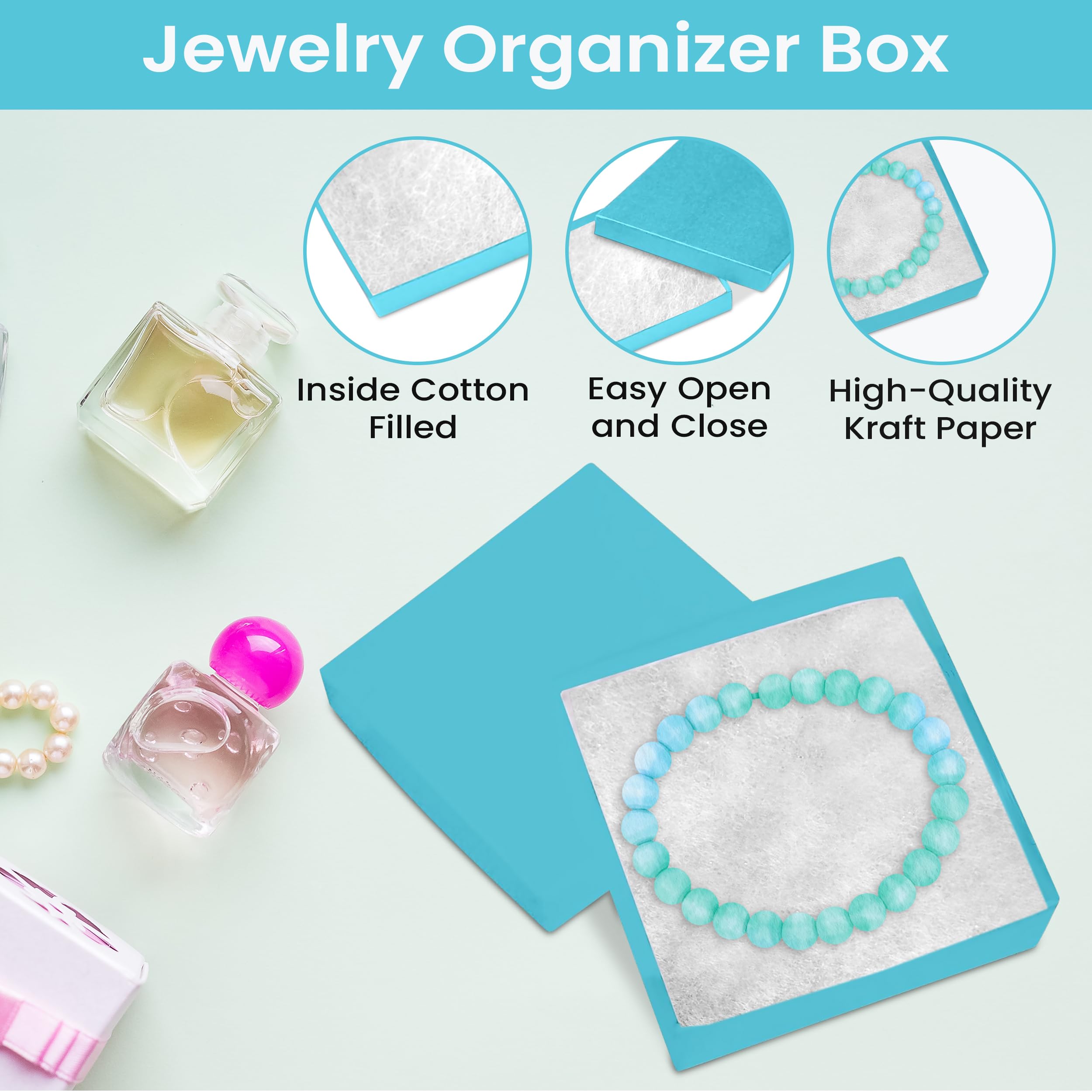 15 Pack Light Blue Jewelry Gift Boxes 3.5x3.5x0.87 Inches - Premium Cotton Filled Cardboard Jewelry Storage Box with Lid - Made in USA - Perfect for Bracelets, Necklaces, Rings & Earrings - Great for Gifting, Wedding Favors & Retail Display