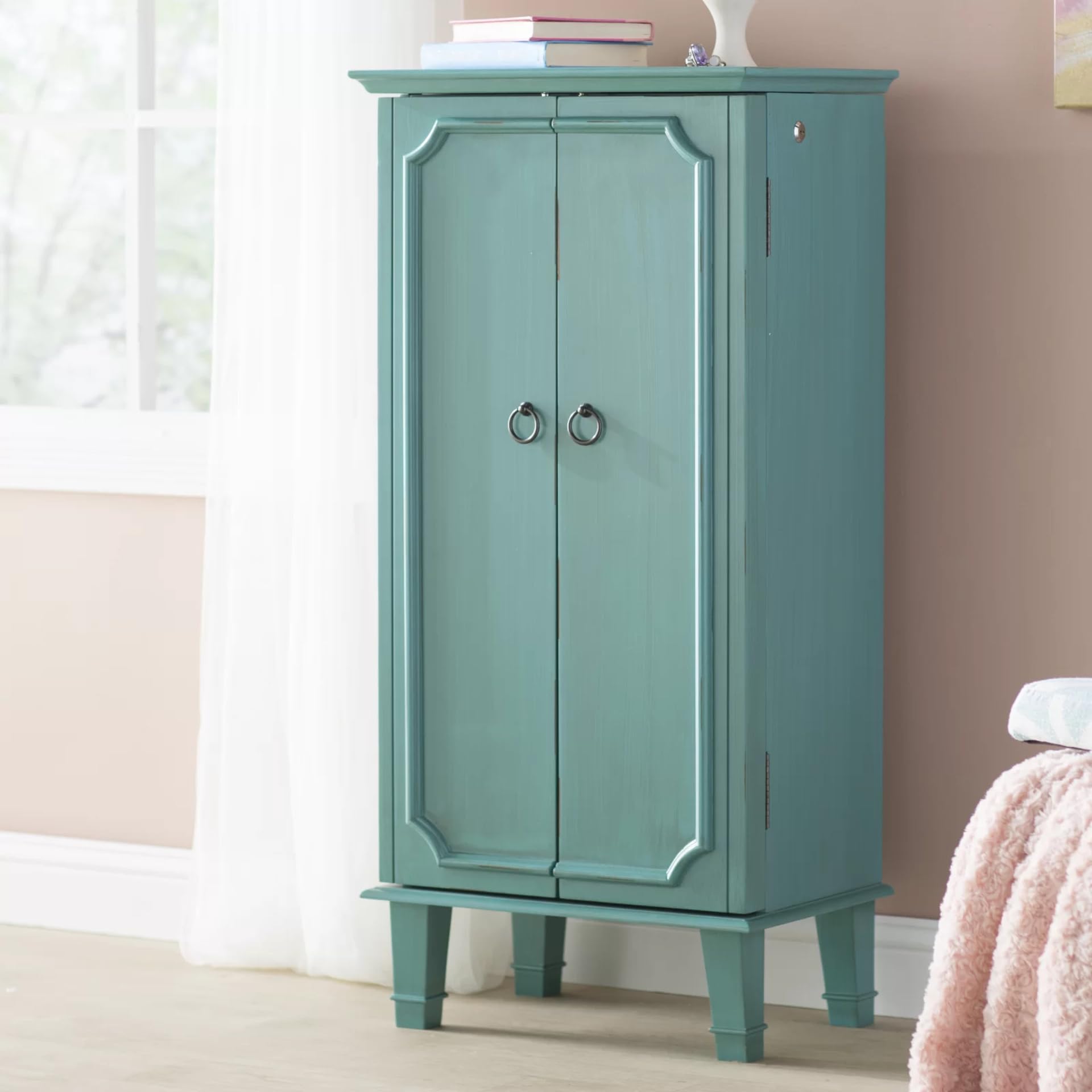 Carson Fully Locking Jewelry Armoire with Mirror - Large Turquoise Jewelry Storage Organizer for Necklaces, Rings & Earrings | Perfect for Bedroom, Closet & Travel