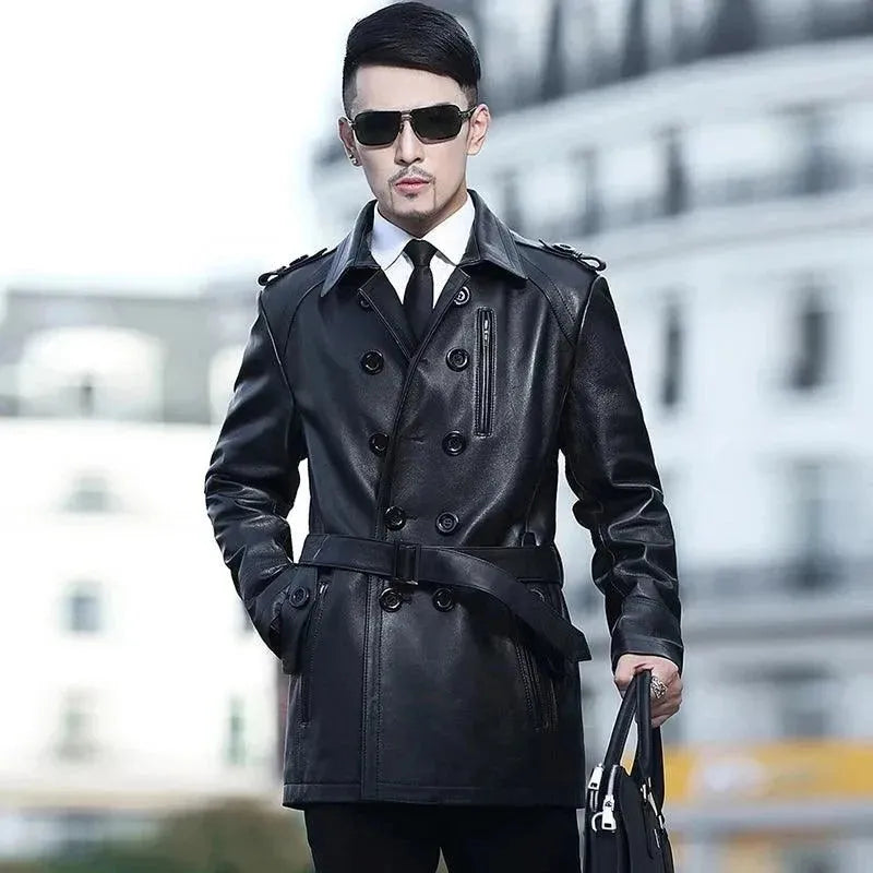 Premium Double Breasted Leather Trench Coat for Men - Waterproof & Stylish Outerwear for Business, Dating & Formal Occasions