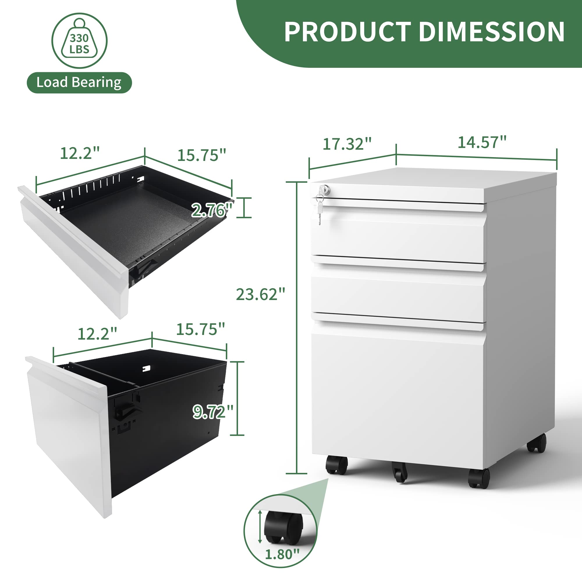 3 Drawer Mobile File Cabinet with Lock & Wheels - Metal Under Desk Rolling Storage for Legal/Letter Hanging Folders - Fully Assembled White Office Organizer for Home, Business & School Use