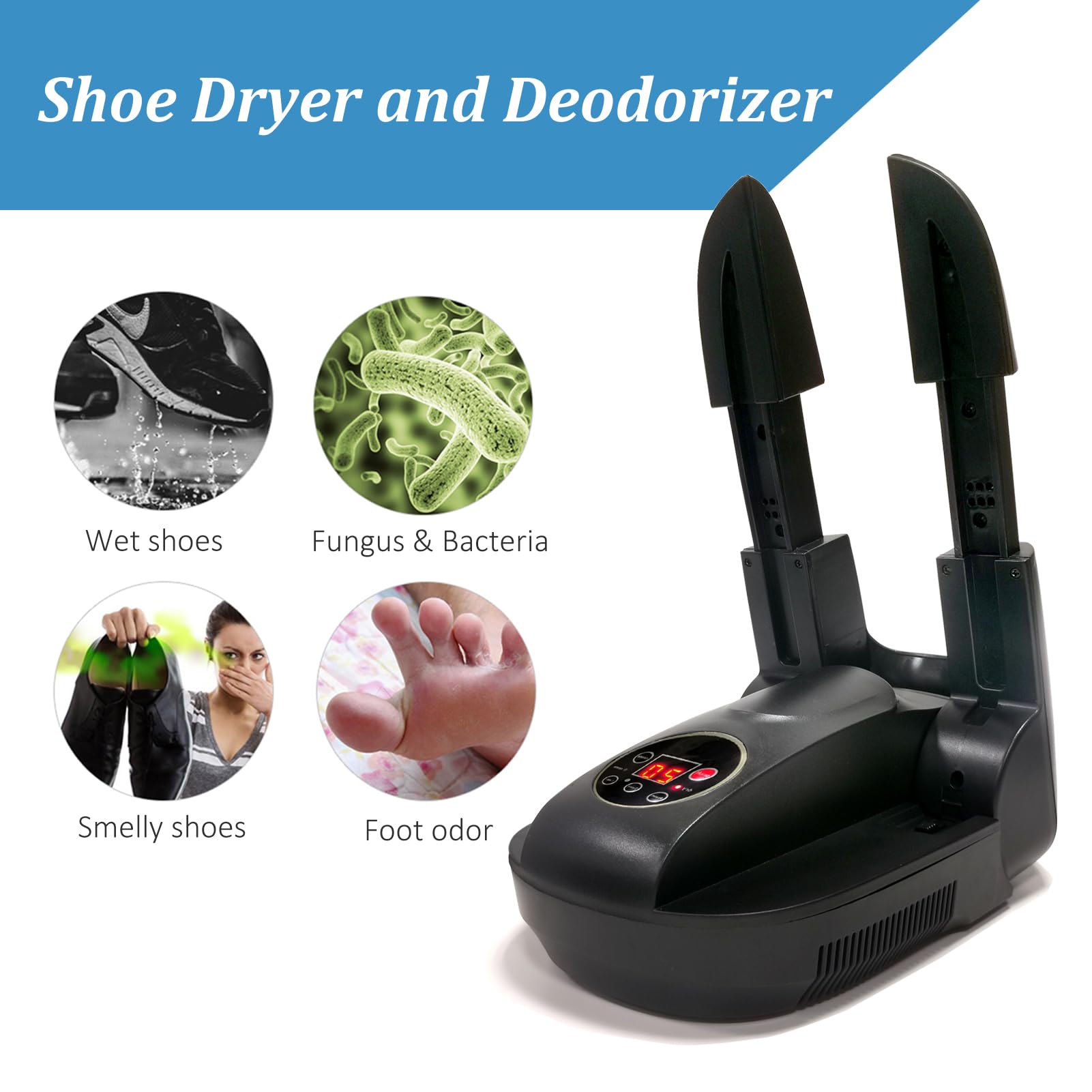 Electric Shoe Sterilizer & Boot Dryer with Ozone Deodorizer | Digital Timer & Control Hair Dryer Function (Model G-S6629B) - Black | Perfect for Gym Shoes, Hiking Boots & Winter Footwear Care