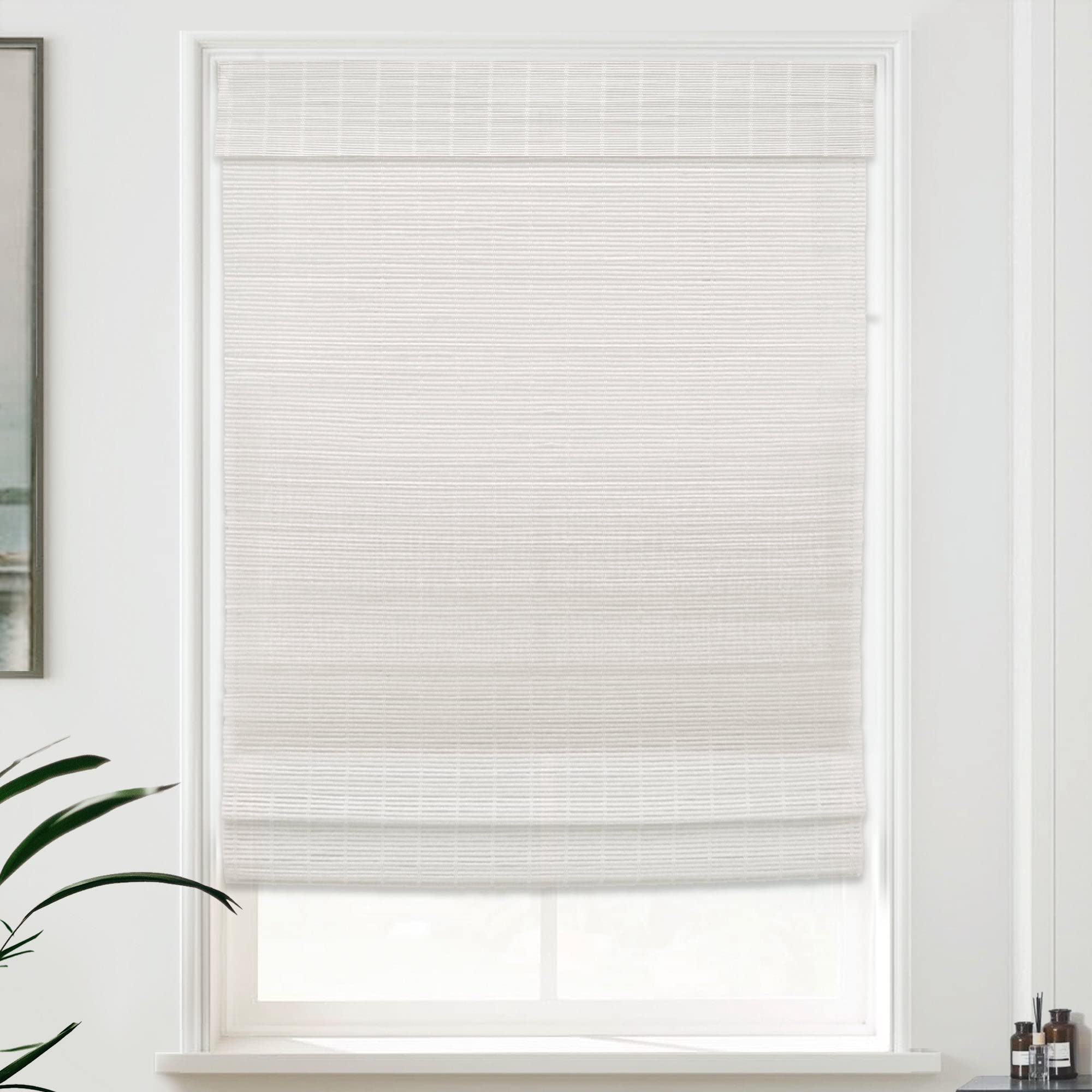 MOOD Custom Cordless Bamboo Roman Shades for Windows & Doors - Natural Woven & Modern White Sheer - 37.5