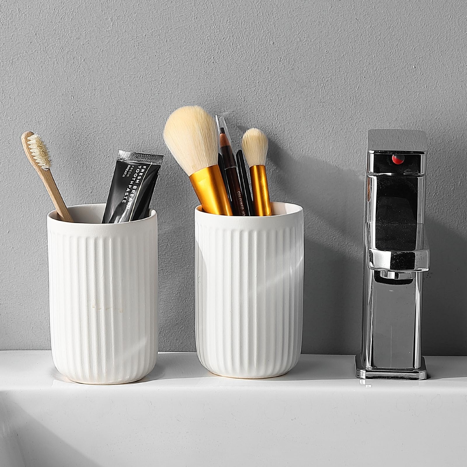 White Ceramic Toothbrush Holders Set of 2 - Bathroom Counter Organizer with Toothpaste & Mouthwash Cup | Durable Reusable Toothbrush Storage for Modern Bathrooms, Sink Vanity & Guest Bath Organization