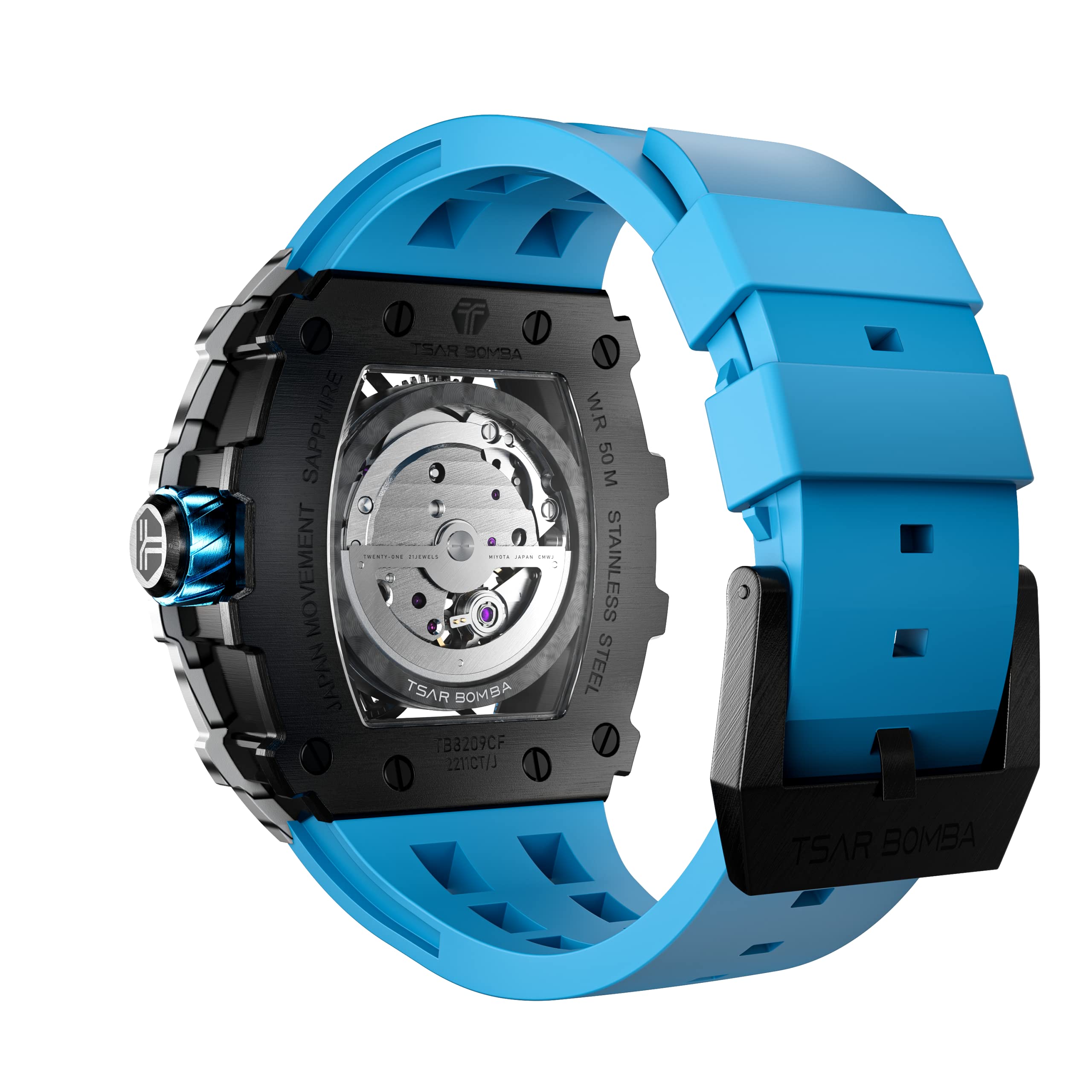 TSAR BOMBA Men's Luxury Automatic Skeleton Watch - Silver Square Big Face with Silicone Strap - 50M Waterproof Analog Wristwatch - Perfect for Business, Formal Events & Everyday Wear