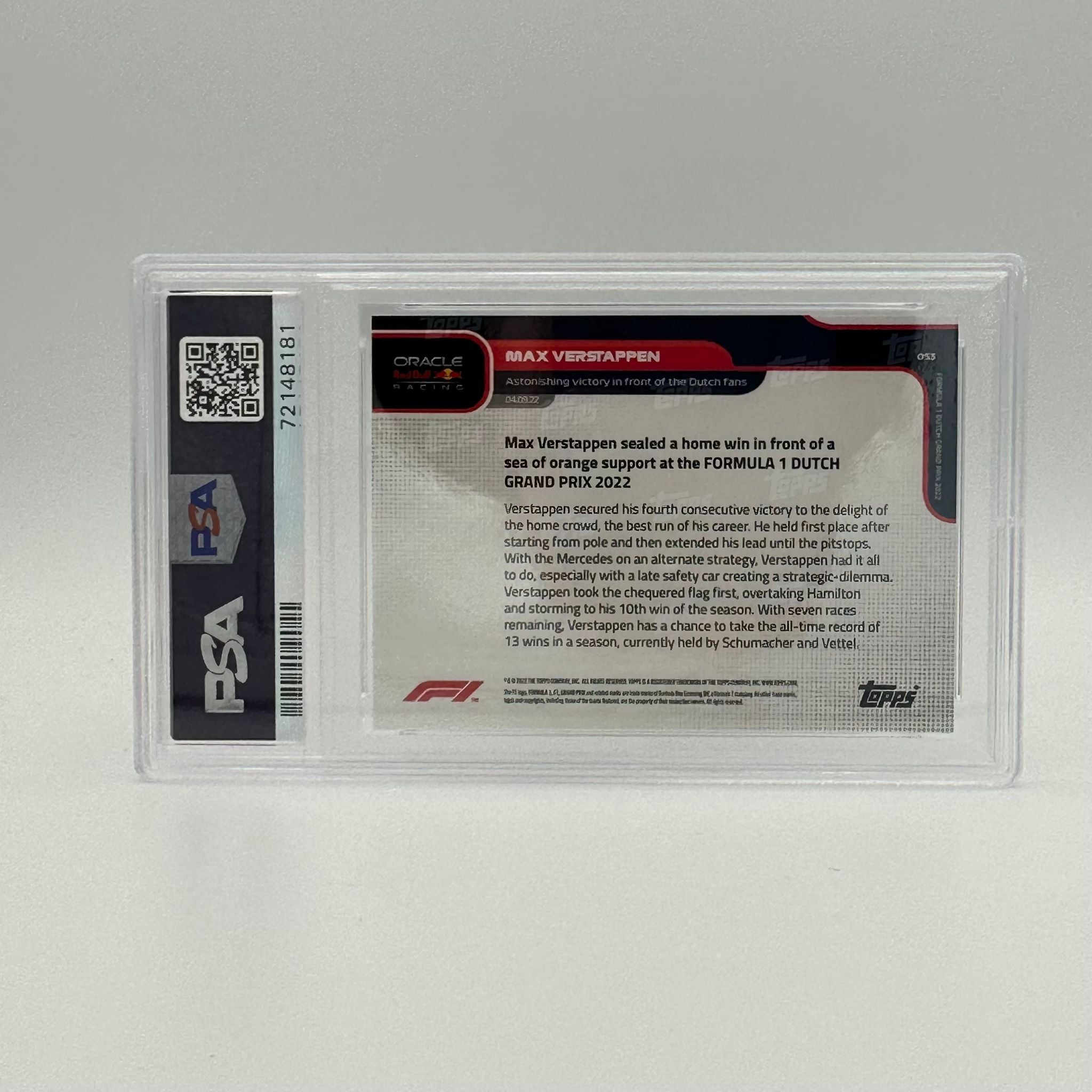 PSA 9 Graded 33/99 Max Verstappen 2021 Dutch GP Race-Winning F1 Trading Card - Limited Edition Collectible for Motorsport Fans & Memorabilia Enthusiasts