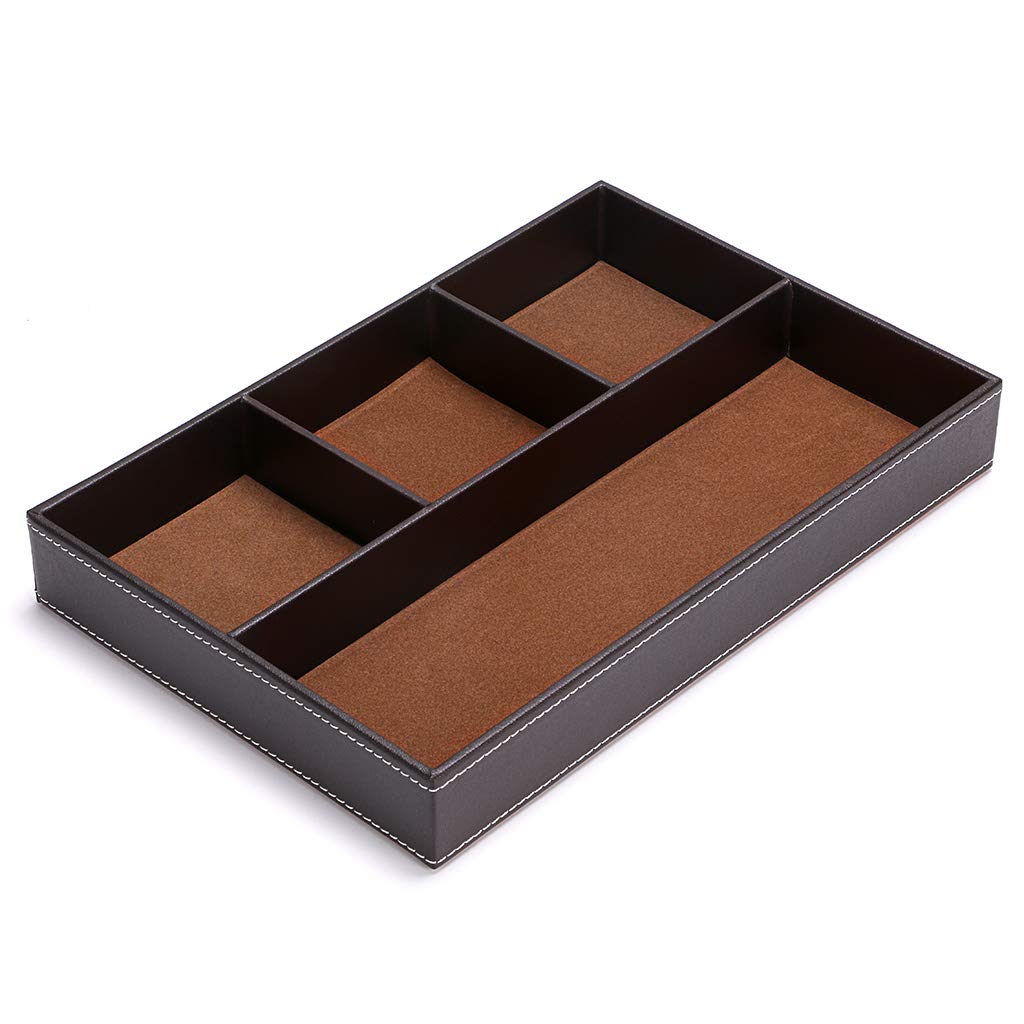 BTSKY 4-Slot PU Leather Desk Drawer Organizer - Office Supplies Storage Tray for Pens, Paper Clips & Accessories - Multi-Purpose Desktop Organizer (Brown) - Perfect for Home Office, School & Workspace Organization