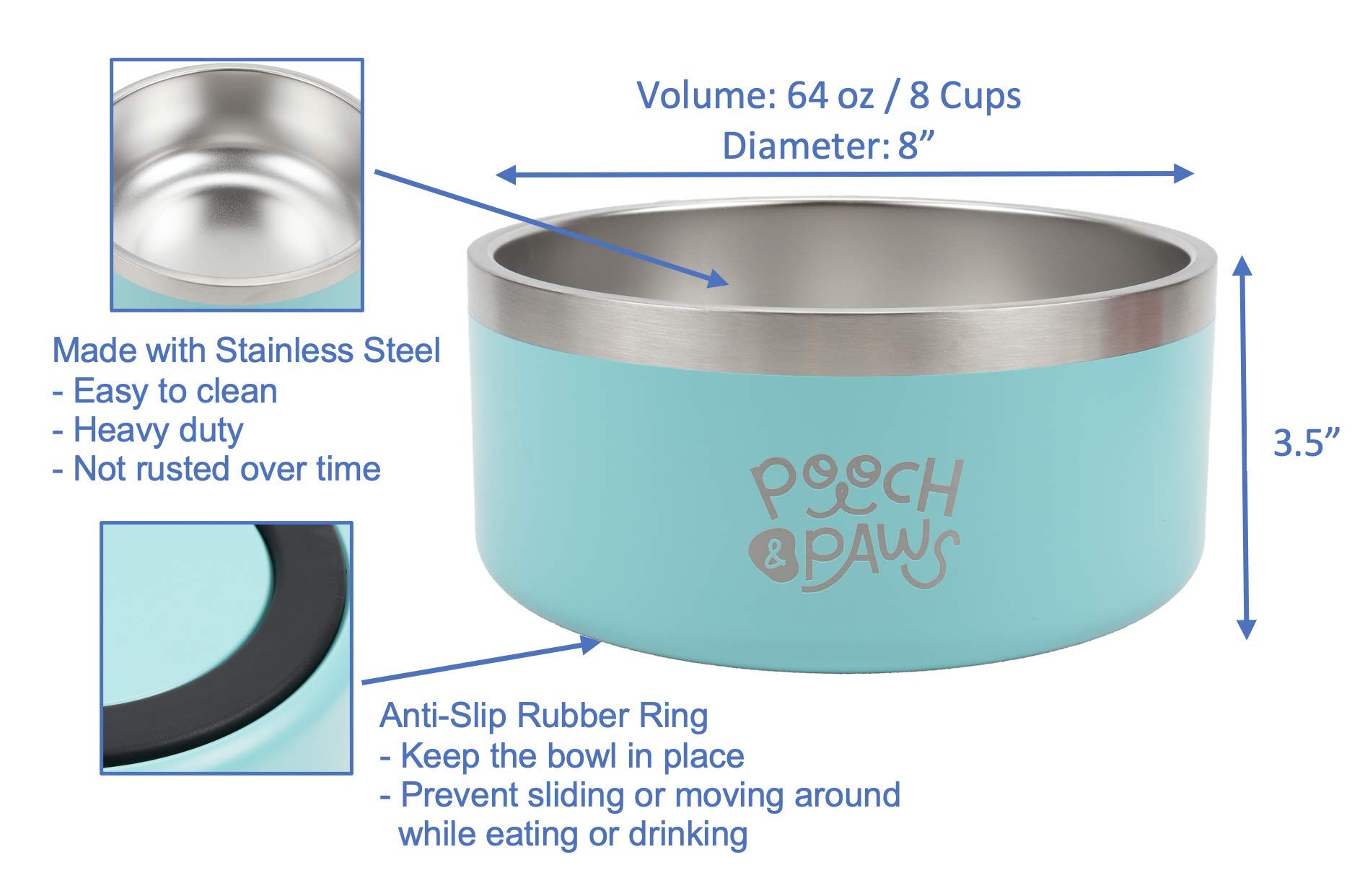 Stainless Steel Non-Slip Dog Bowl - Double Wall Insulated Pet Food & Water Dish (64oz) - Keeps Water Cold for Hours - Perfect for Indoor/Outdoor Use - Great for Large Dogs - Glacier White