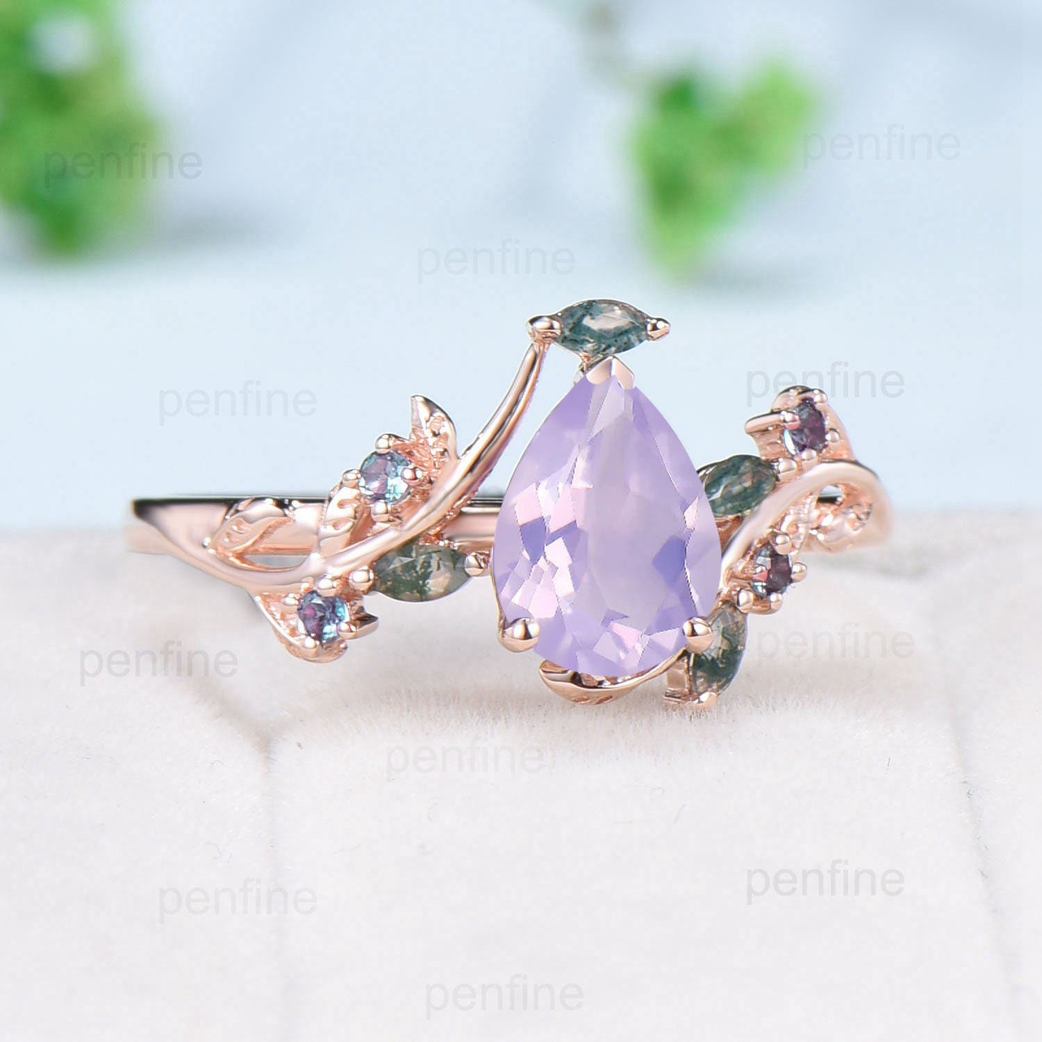 Natural Inspired Flower Lavender Amethyst Ring | Vintage Twig Vine Engagement Ring | Unique Leaf Alexandrite Marquise Moss Agate Wedding Ring | Perfect for Boho Weddings, Nature-Inspired Jewelry & Romantic Gifts
