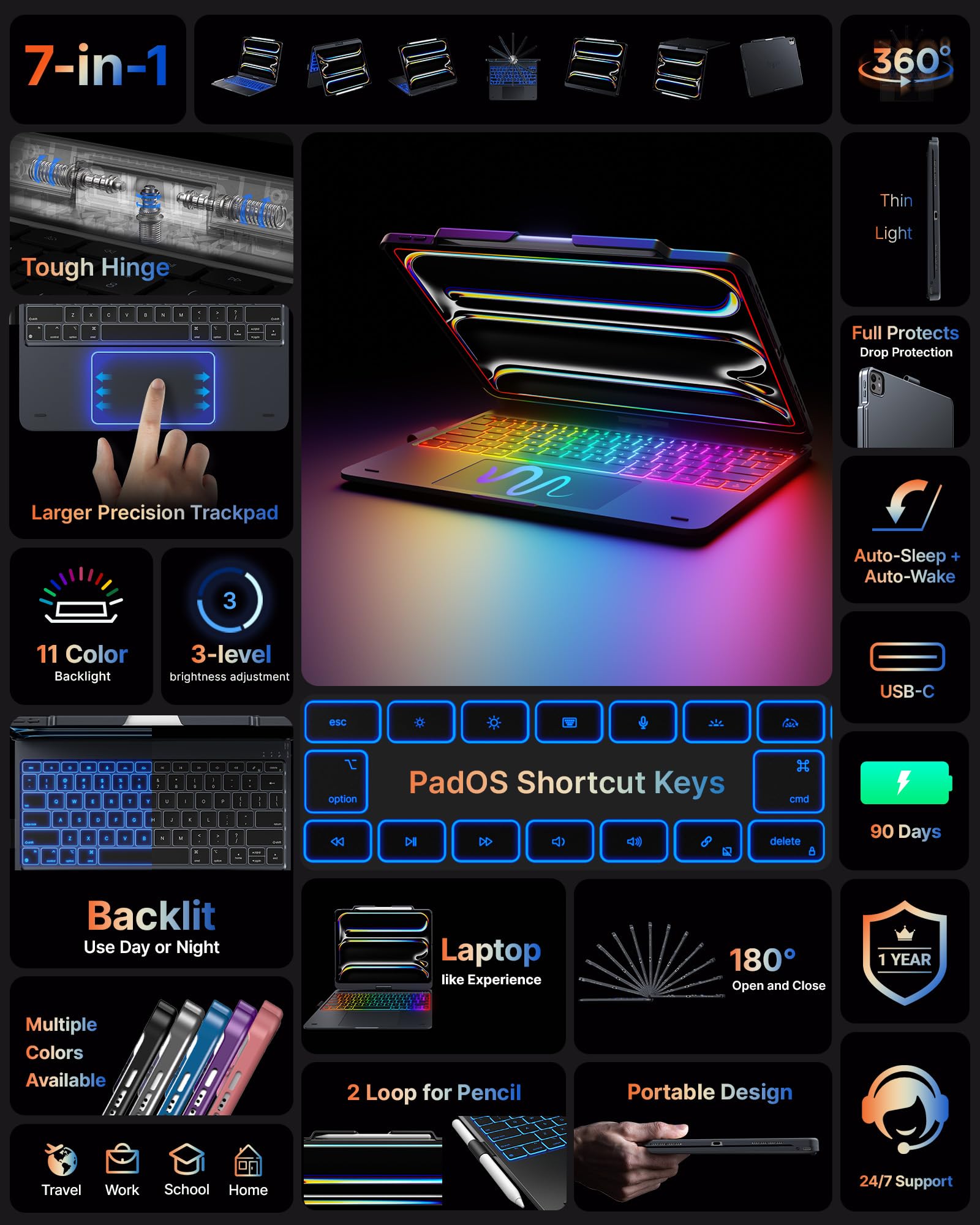 iPad Pro 13-inch (M4, 2024) & iPad Air 13-inch Keyboard Case with Touch Trackpad - 360° Rotatable, 11-Color Backlit, Midnight Gray - Perfect for Work, Study & Travel