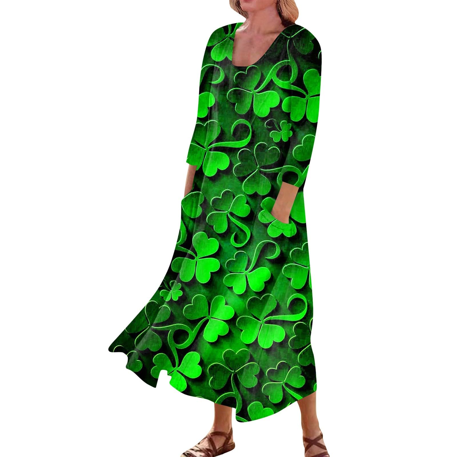 CMIT St. Patrick's Day Dress for Women - 3/4 Sleeve T-Shirt Dress with O-Neck, Belly Concealing Maternity Nightgown with Pockets | Perfect for Parties, Pregnancy Comfort & Everyday Wear