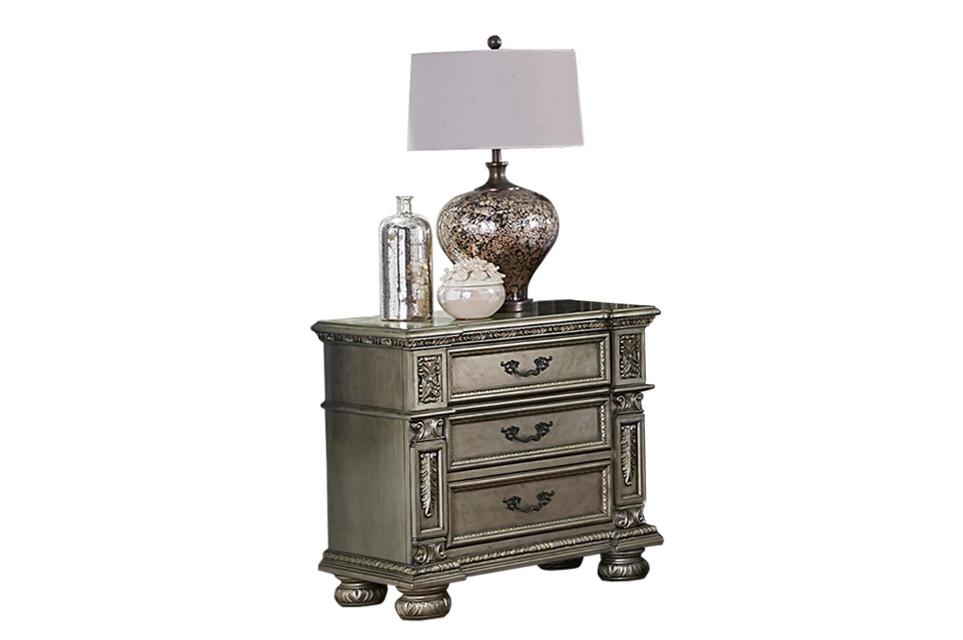 Luxury Catalonia Platinum Gold Bedroom Set - Queen Size Bed Frame with Nightstands & Dresser - Elegant Master Bedroom Furniture for Upscale Home Decor