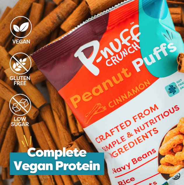 Pnuff Crunch Peanut Butter Puffs - Healthy Low Calorie Snacks, Gluten Free, Vegan, Keto Friendly, High Protein, Low Sugar - Cinnamon Flavor, 4 Oz Bags (Pack of 3) - Perfect for Office Snacks, Gym Fuel & On-the-Go Energy Boost
