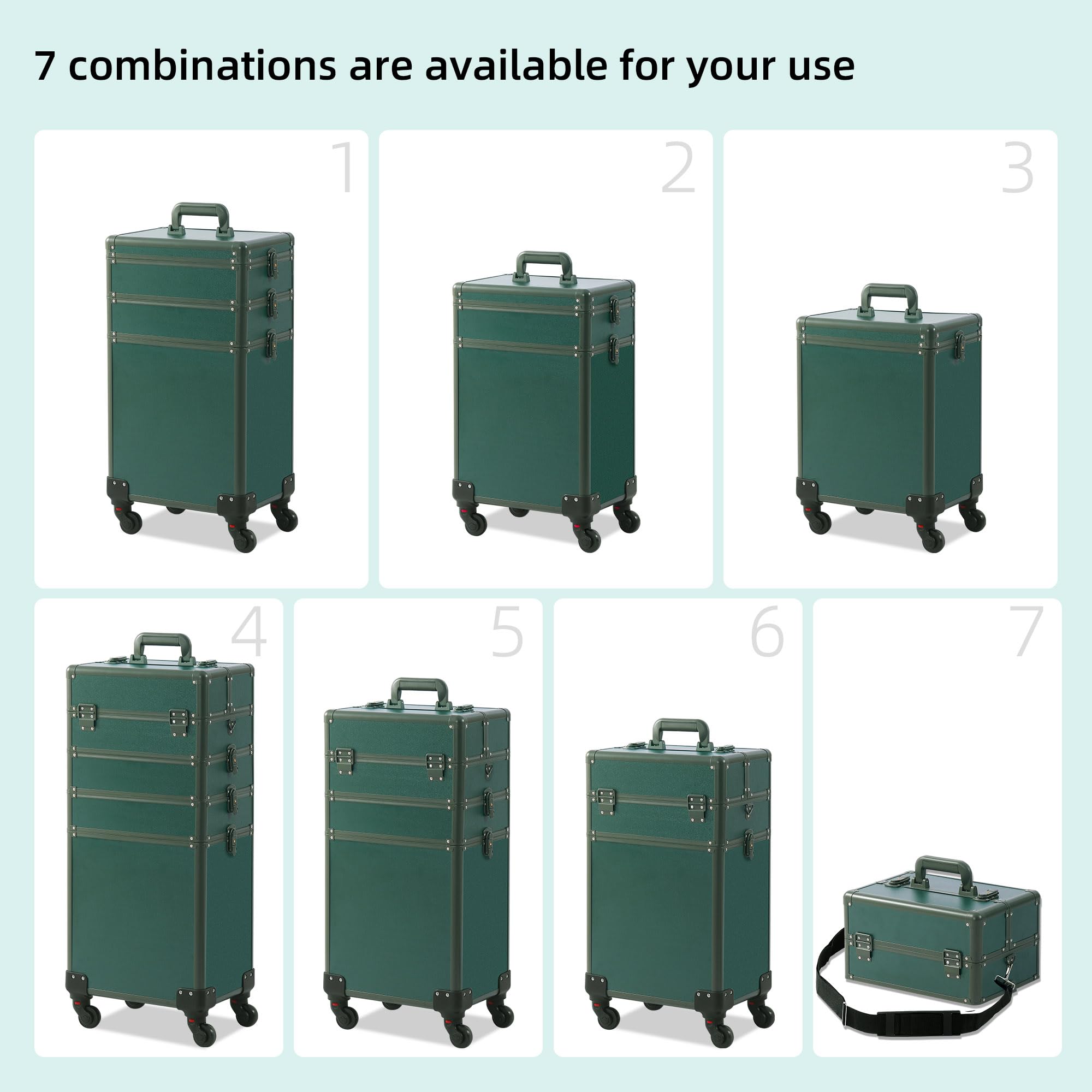 Professional Rolling Makeup Train Case with Lid - 5-in-1 Portable Cosmetology Organizer on Wheels for Salon, Barber & Travel | Large Cosmetic Storage Case | Perfect Christmas Gift for Makeup Artists (Green) | Ideal for Mobile Stylists, Salon Professionals & Beauty Enthusiasts