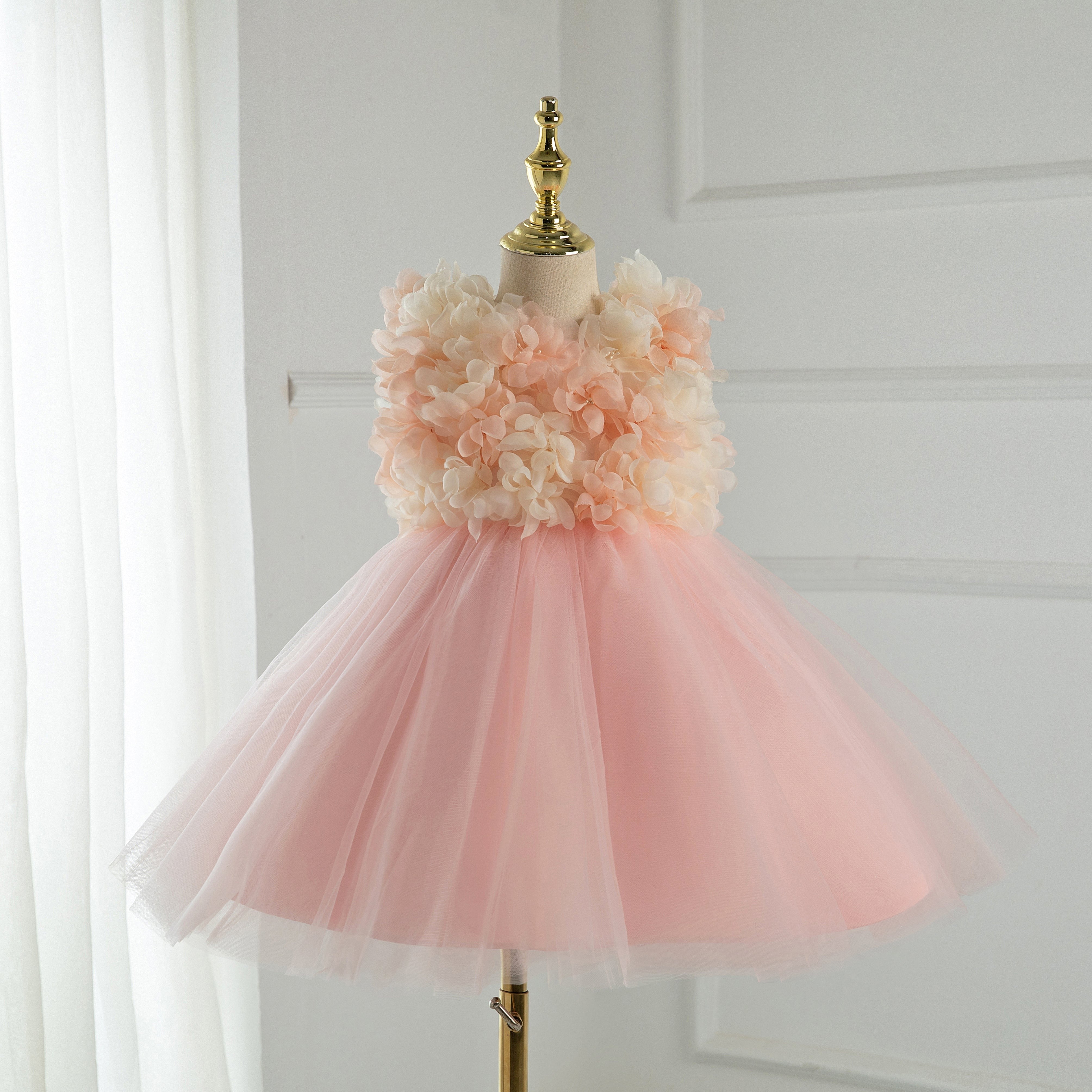 Elegant Pink Tulle Flower Girl Dress with Sleeveless Floral & Bow Details - Perfect for Weddings, Baptisms & Special Occasions