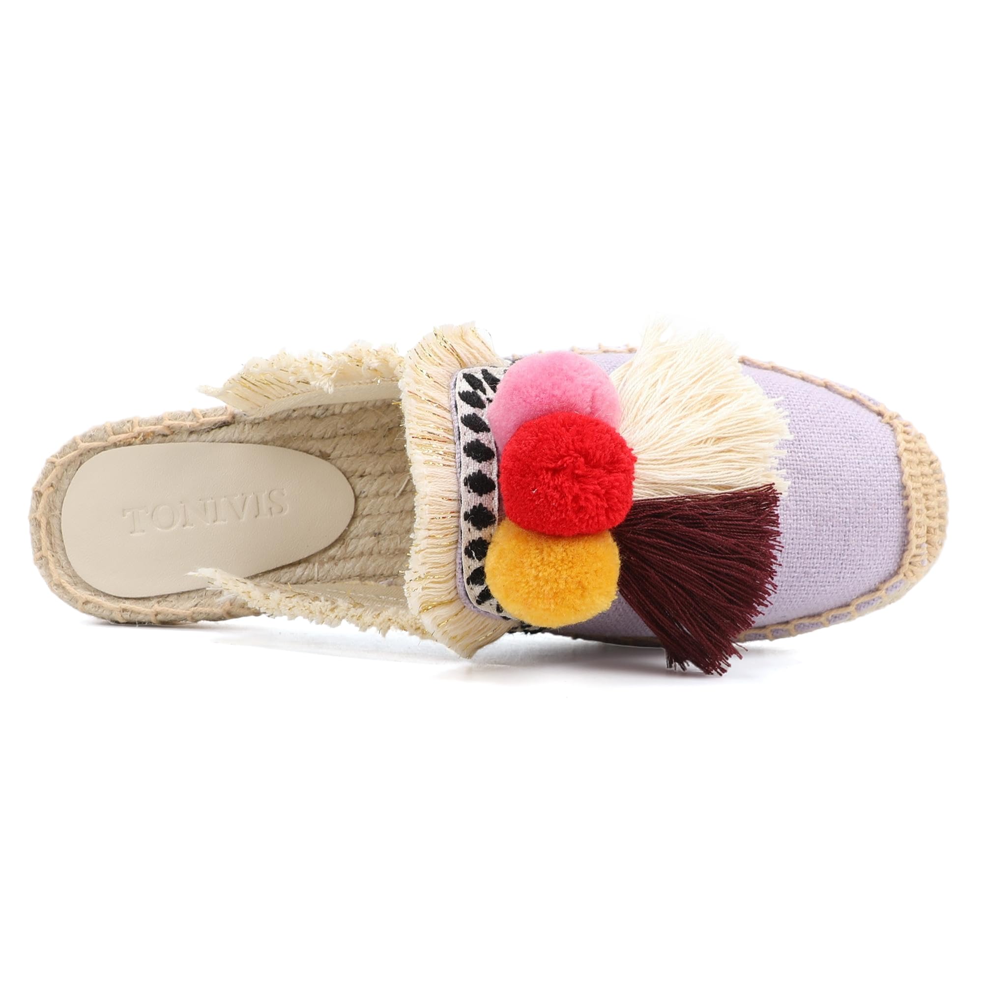 Women's Comfortable Mule Flat Shoes with Tassel & Pompom - Soft Espadrilles Slides Backless Slippers for Summer, Beach, and Casual Wear